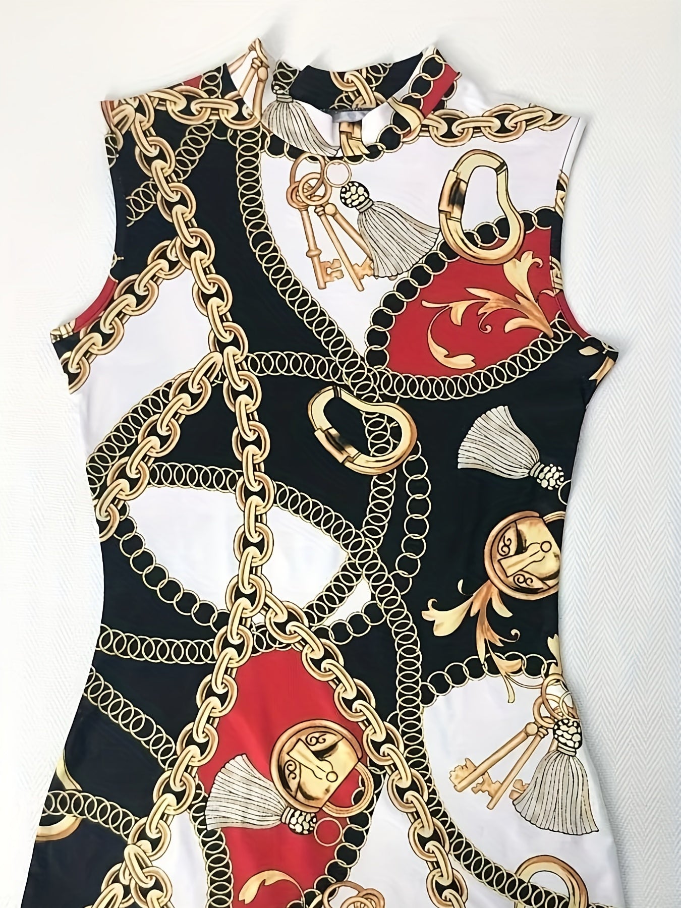 Chain Print Casual Midi Bodycon Dress - Crew Neck, Sleeveless, Easy-Care, All-Season Comfort with Stretch