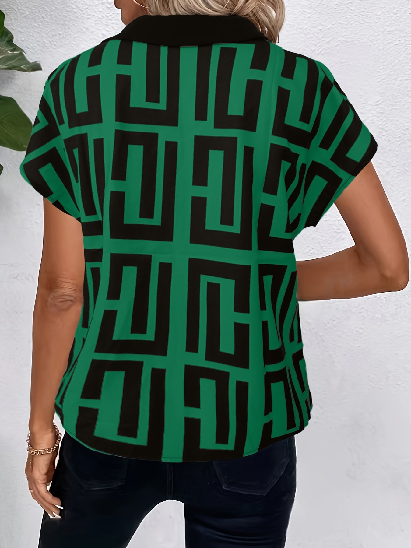 Blusa con mangas murciélago y estampado geométrico, elegante top con cuello en V para primavera y verano, ropa de mujer