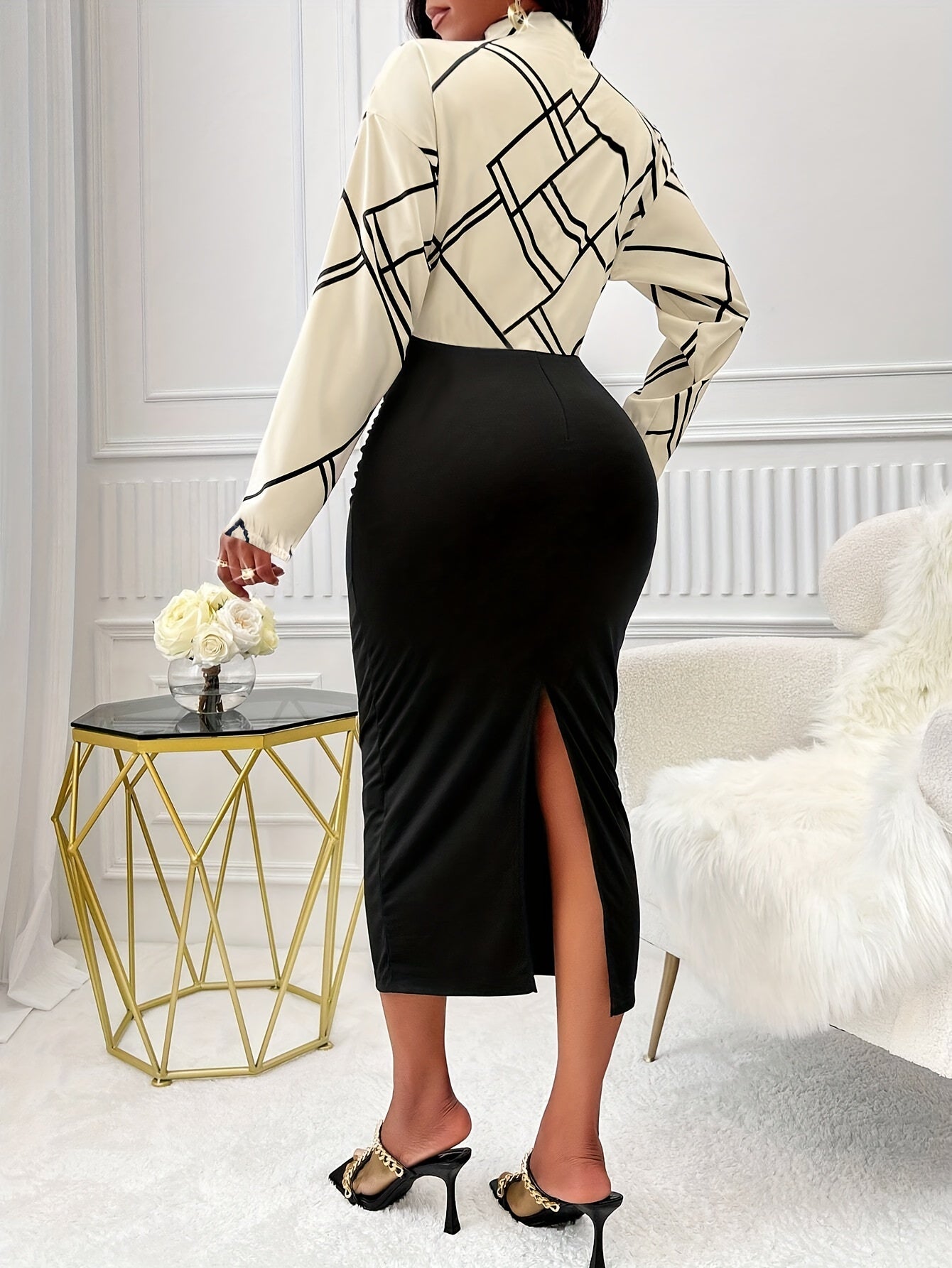 Vestido ajustado con dobladillo dividido y estampado geométrico, elegante vestido de cuello alto y manga larga, ropa de mujer