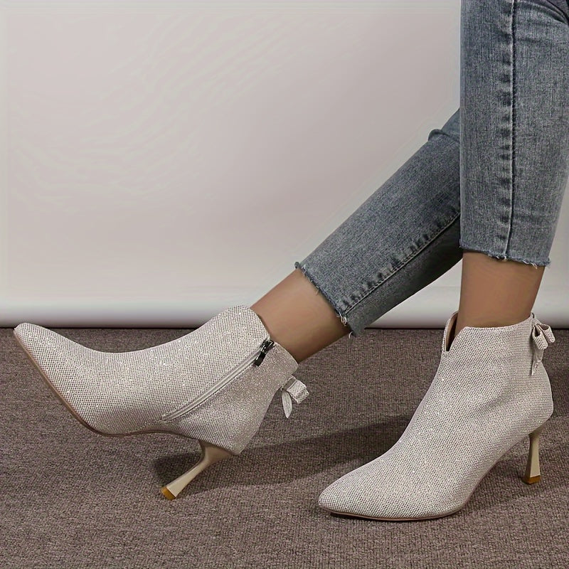 Chic Glitter Stiletto Boots for Women - Elegant Bowknot, Pointed Toe, All-Season Zip-Up Dress Boot