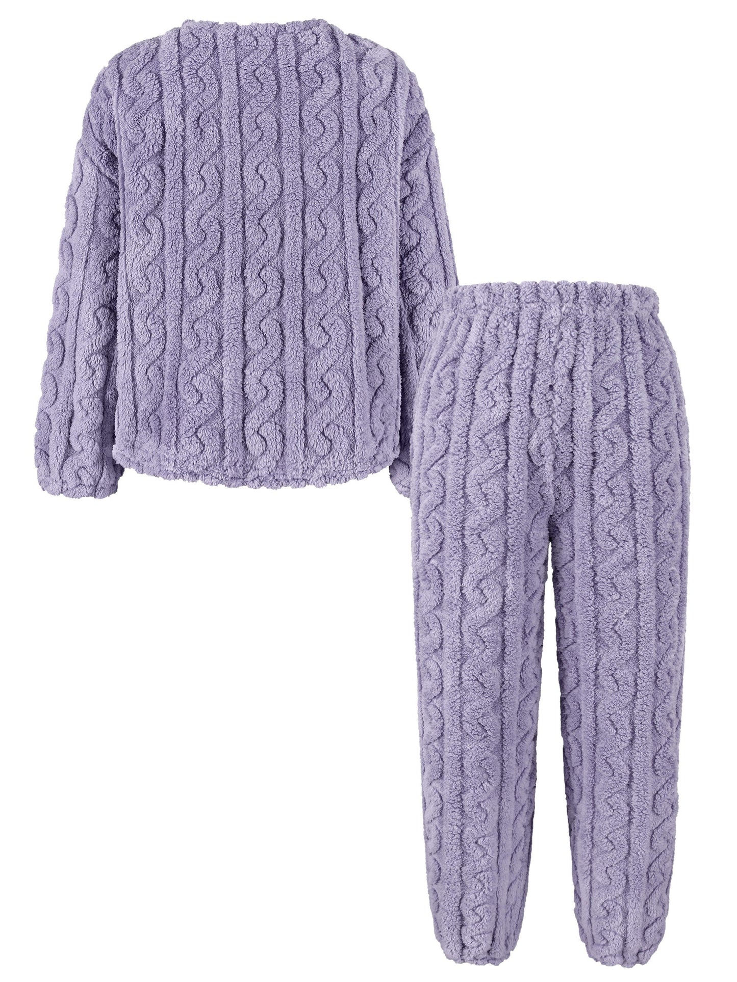 Conjunto de 2 piezas de top y pantalón de peluche texturizado de color sólido, top de cuello redondo de manga larga y pantalones deportivos con cintura elástica