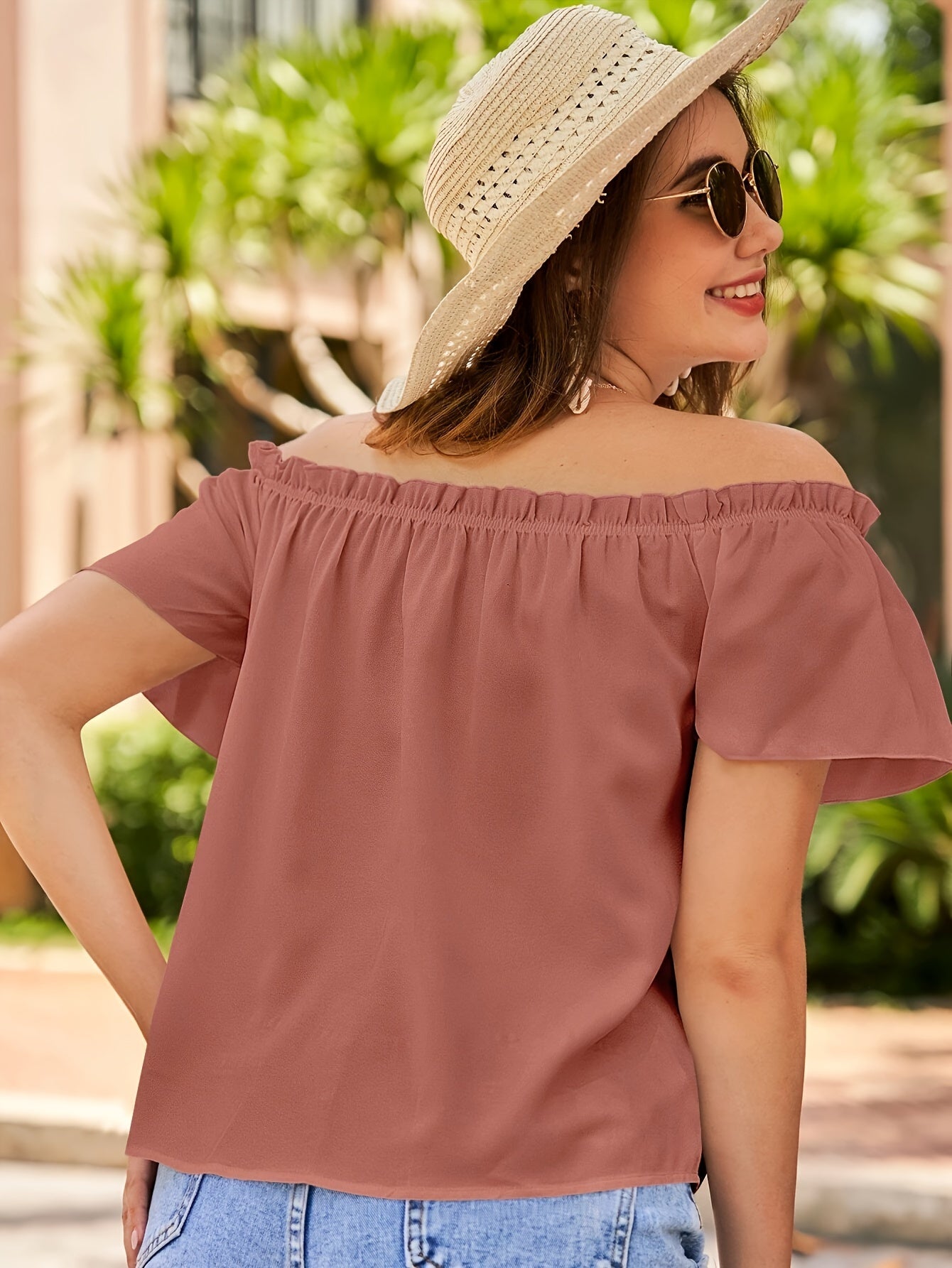 Blusa elegante con hombros descubiertos para mujer: camisa de color sólido 100 % poliéster con dobladillo con volados, tejida, para todas las estaciones