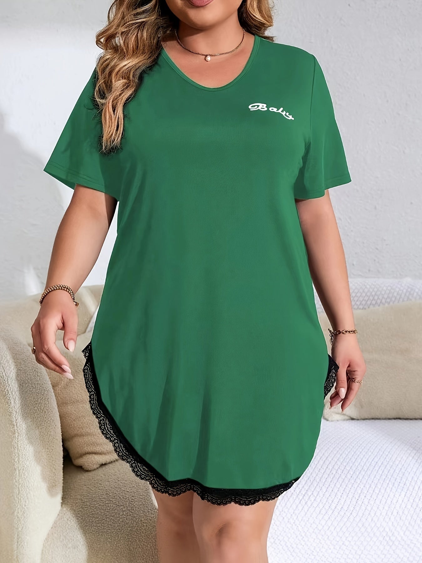 Vestido de dormir sexy para mujer, talla grande, con dobladillo curvo y manga corta con ribete de encaje y malla transparente en forma de corazón