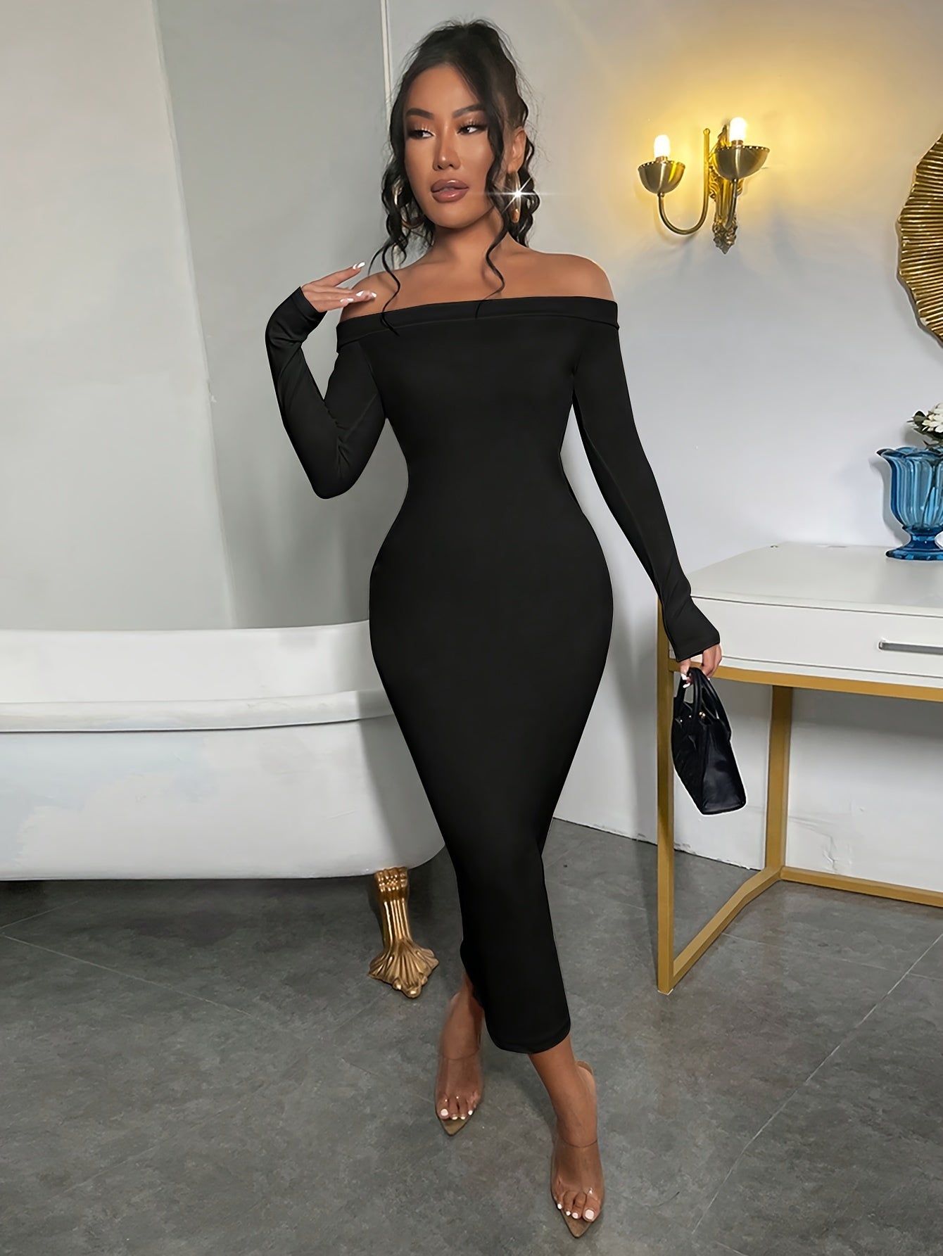 Chic Off Shoulder Solid Dress - Flattering Long Sleeve, Perfect for Parties & Banquets - Premium Womens Fashion