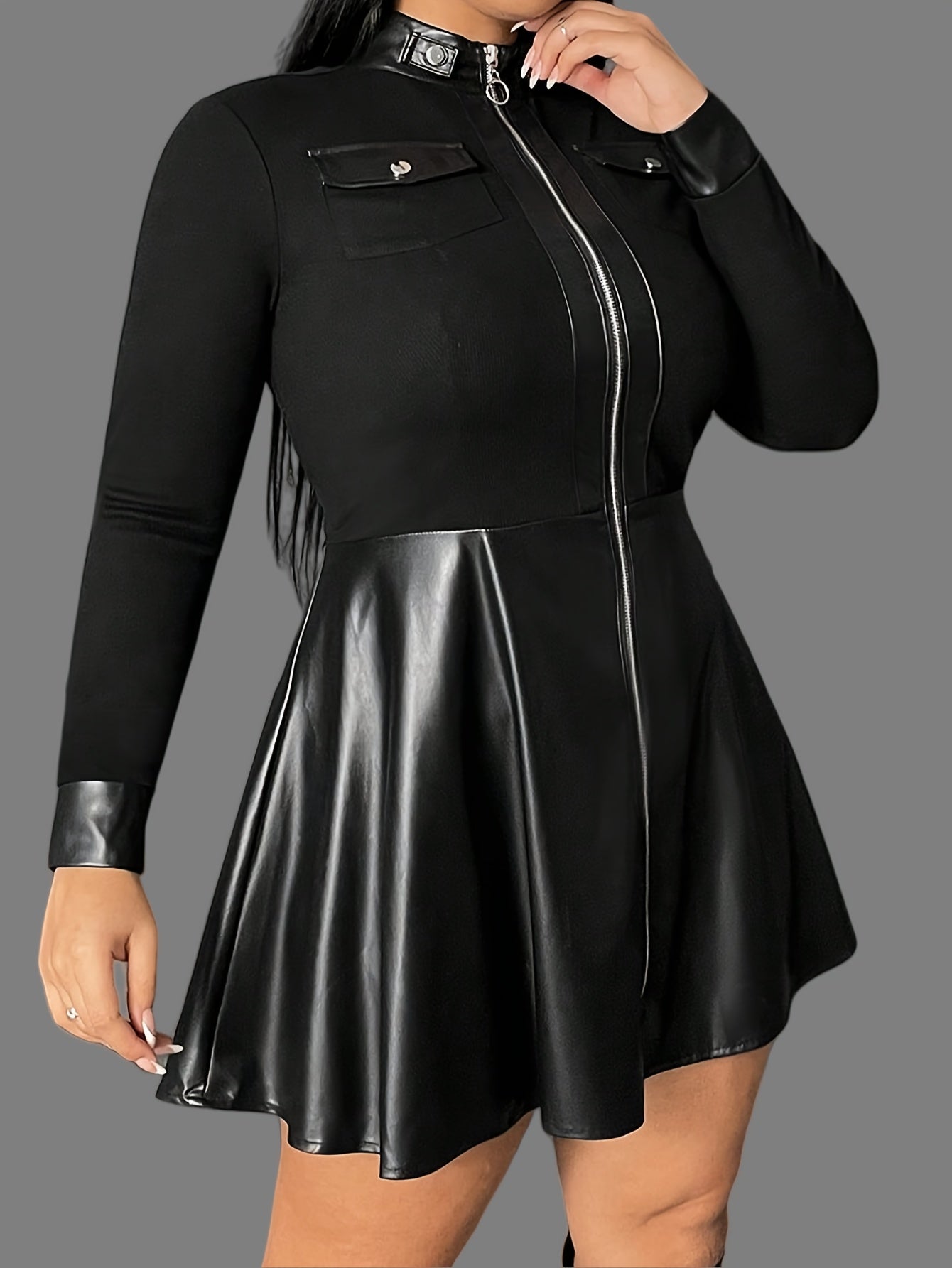 Plus Size PU Leather Patchwork Fashion Dress - Stand Collar, Zippered, Long Sleeved, Chic, Comfortable, Versatile - Women's Clothing for Curvy Figures