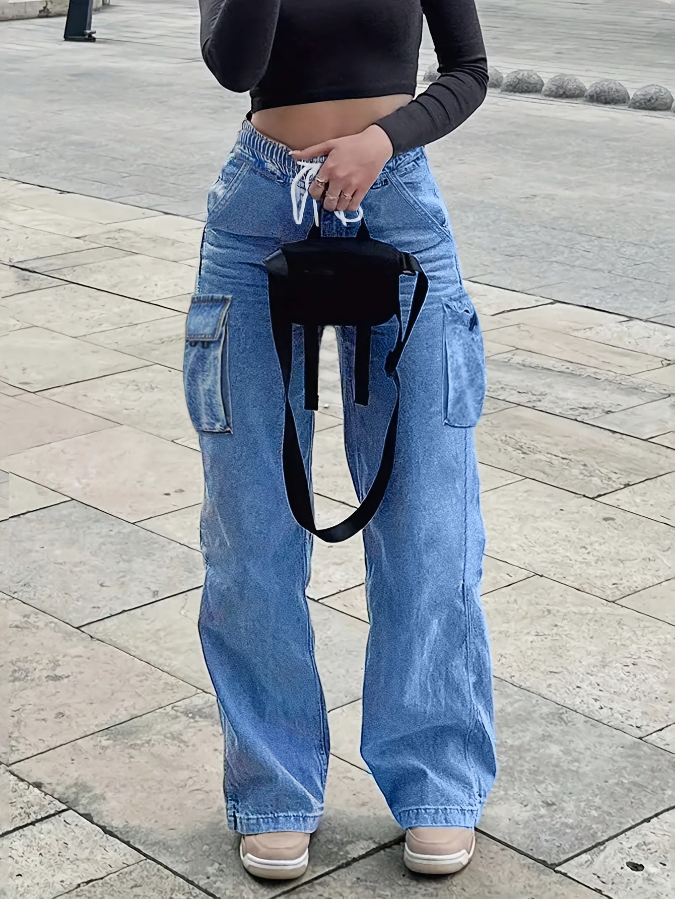 Waist Drawstring Women'S Loose Denim Straight Leg Pants, Mid Waistband Pocket, Comfortable And Versatile