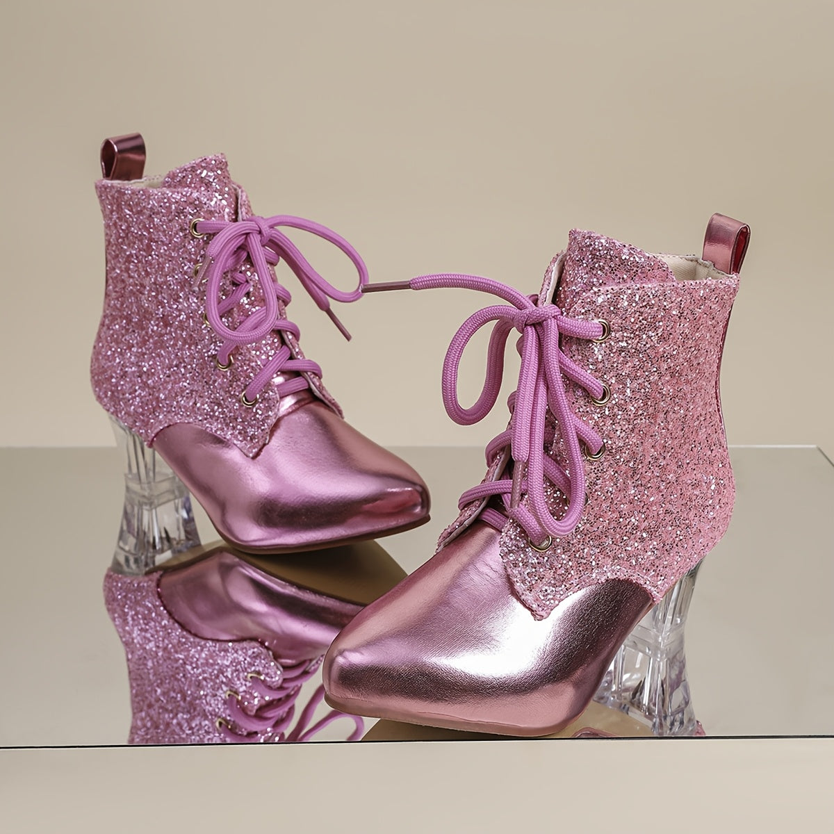 Botines con parches de lentejuelas para mujer, punta puntiaguda moderna, cierre de cremallera, tacón de bloque medio, forro de tela