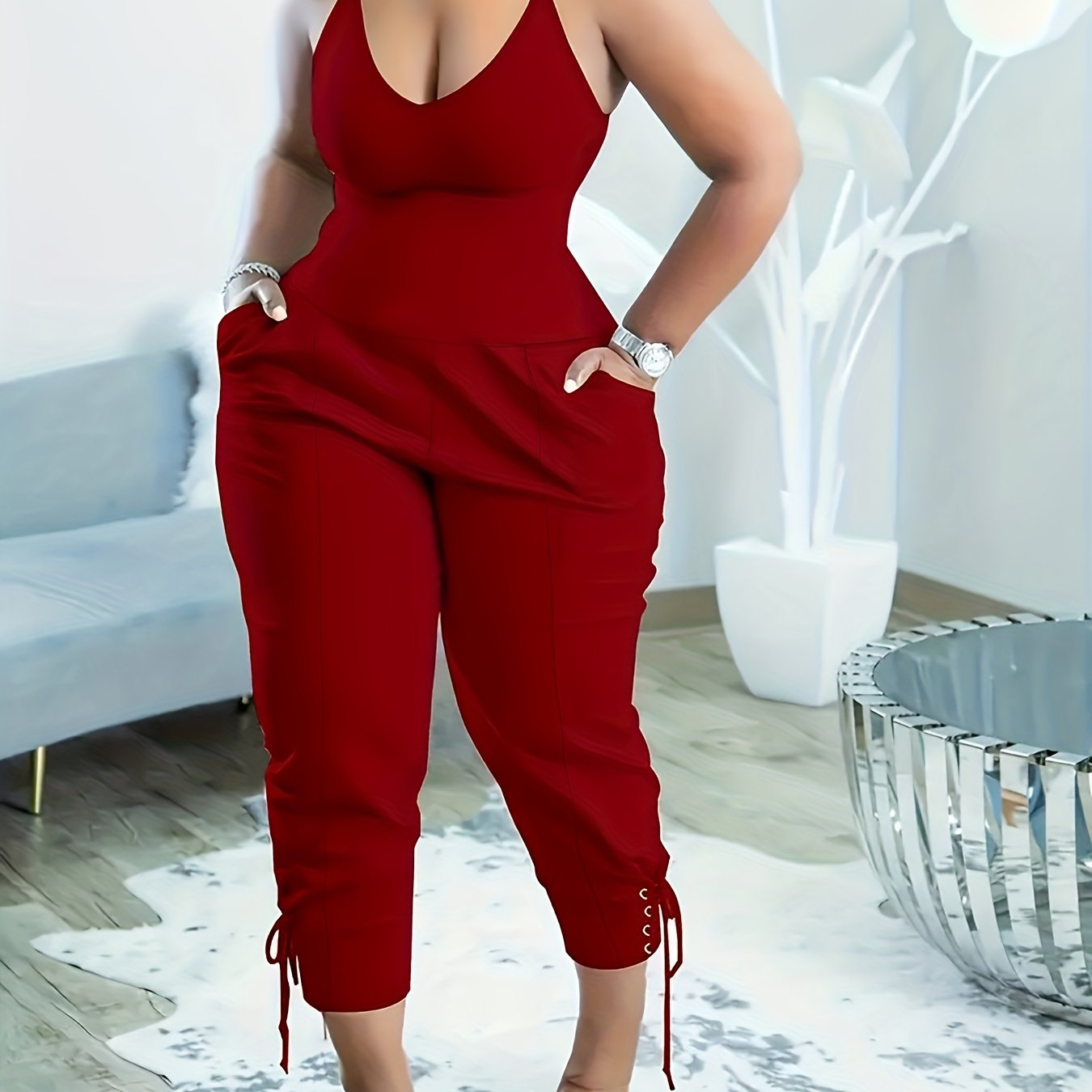 Elegant Women's Jumpsuit - Sleeveless V-Neck with Tie Waist, Stretchy