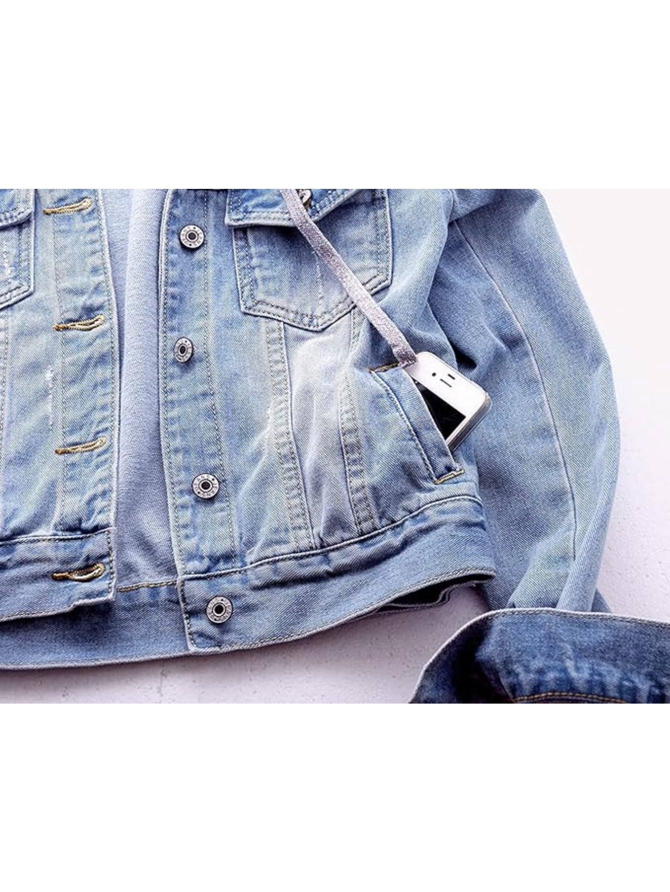 Women's Casual Denim Jacket with Detachable Hood - Button-Down, Fleece Lined for Warmth, Cotton Blend
