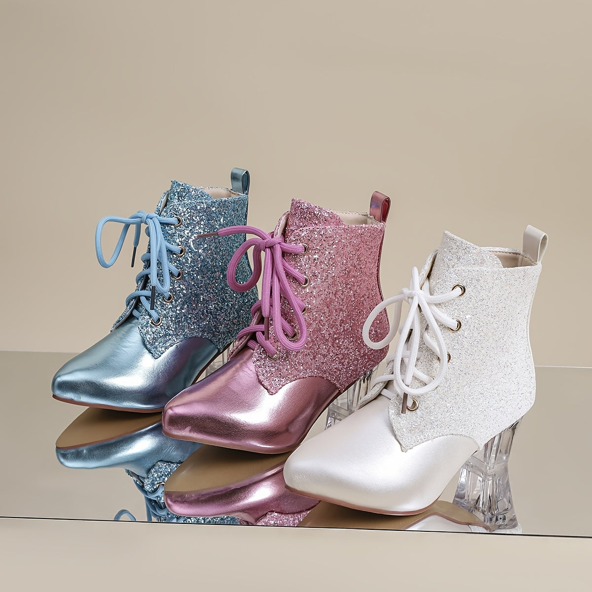 Botines con parches de lentejuelas para mujer, punta puntiaguda moderna, cierre de cremallera, tacón de bloque medio, forro de tela