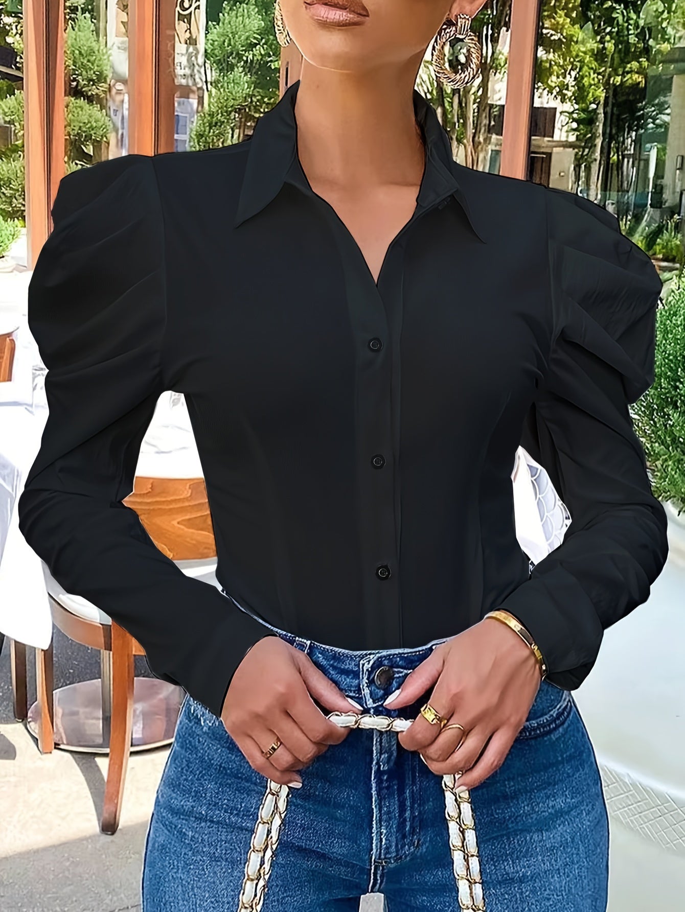 Elegant Slim-Fit Puff Sleeve Shirt | Versatile Year-round Style, Semi-Sheer Woven Fabric, Single-Button Closure - Women's Fashion