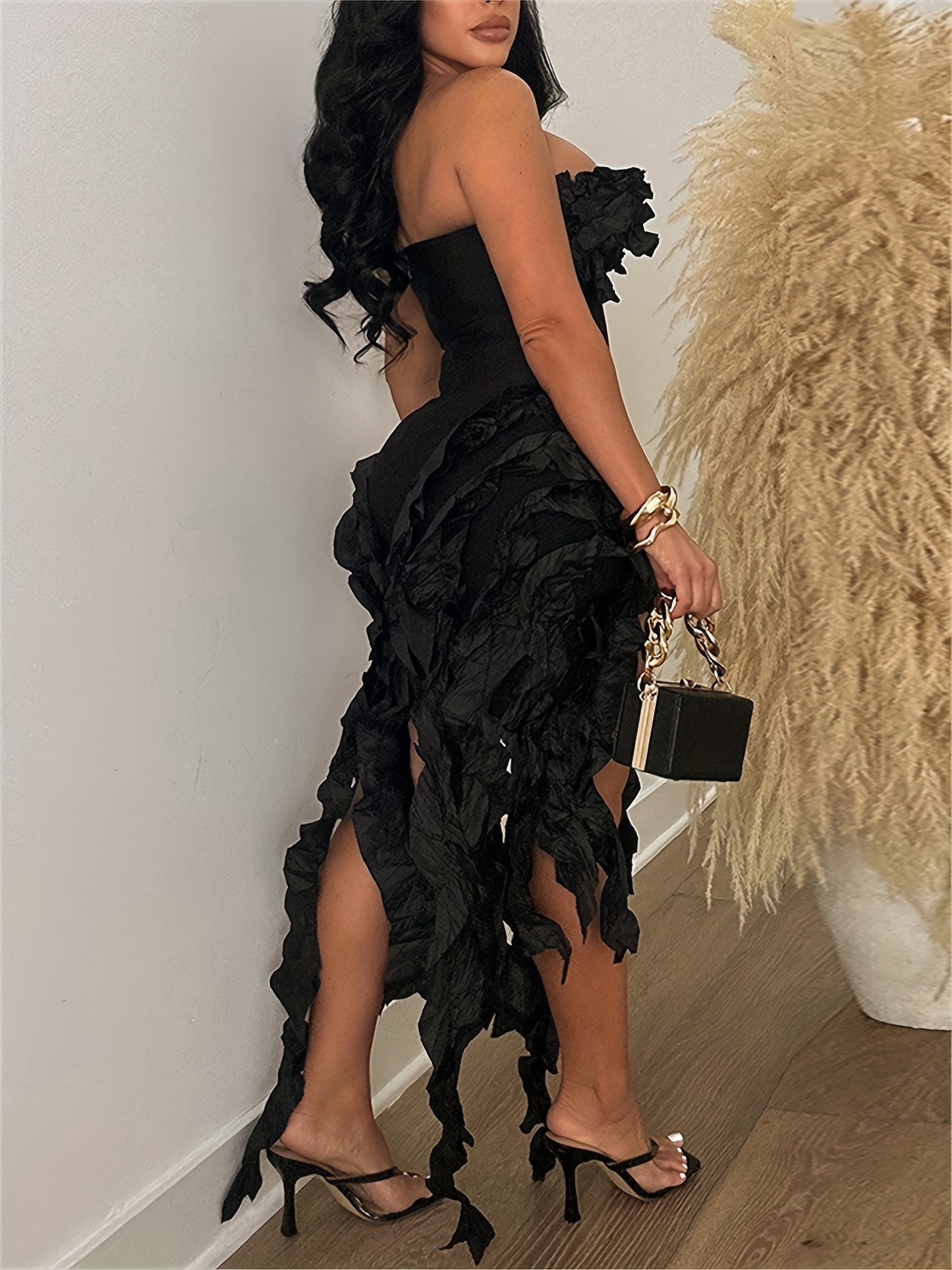 Sultry Midi Cocktail Party Dress - Women Clothing, Strapless, Applique, Asymmetrical, Fringe Hem, High Split, Sexy, Birthday Party, Formal Wear for Women