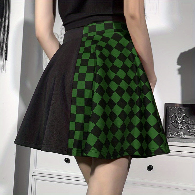 Chessboard Print Splicing Skirt, Gothic Ruched Punk Mini Skirt Without Belt, Women's Clothing
