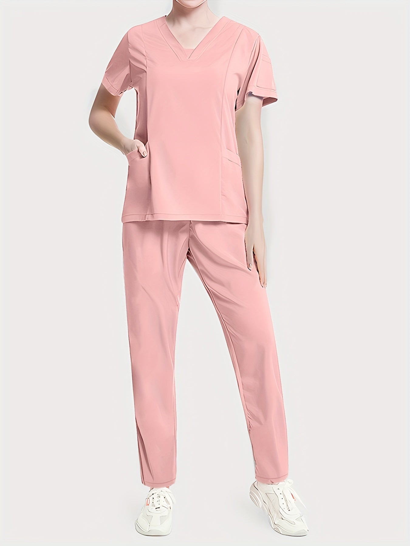 Conjunto médico de dos piezas con cuello en V, manga corta y pantalones elásticos, cómodo y de ajuste cómodo para mujeres | Uniformes médicos duraderos y de fácil cuidado para profesionales de la salud