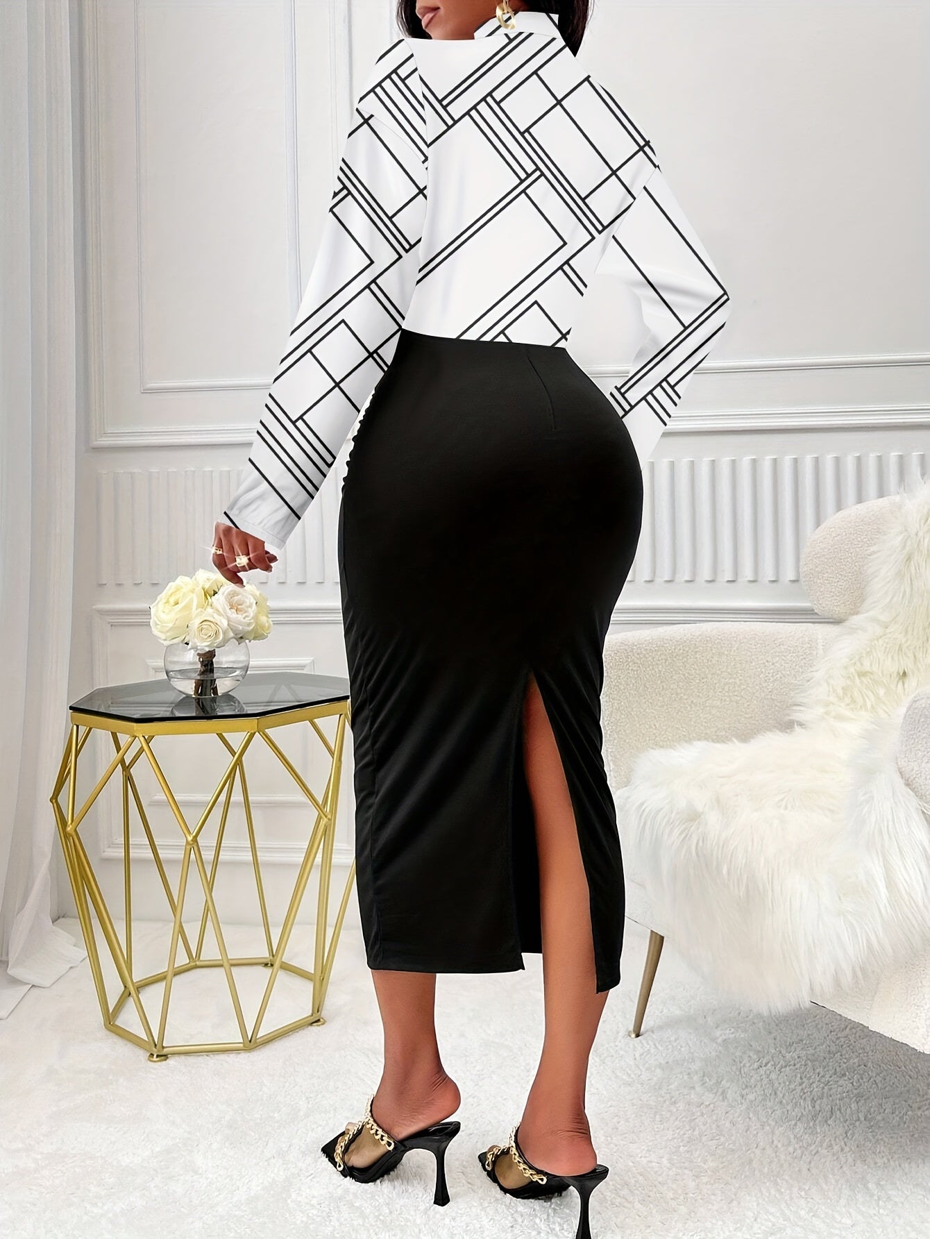 Vestido ajustado con dobladillo dividido y estampado geométrico, elegante vestido de cuello alto y manga larga, ropa de mujer