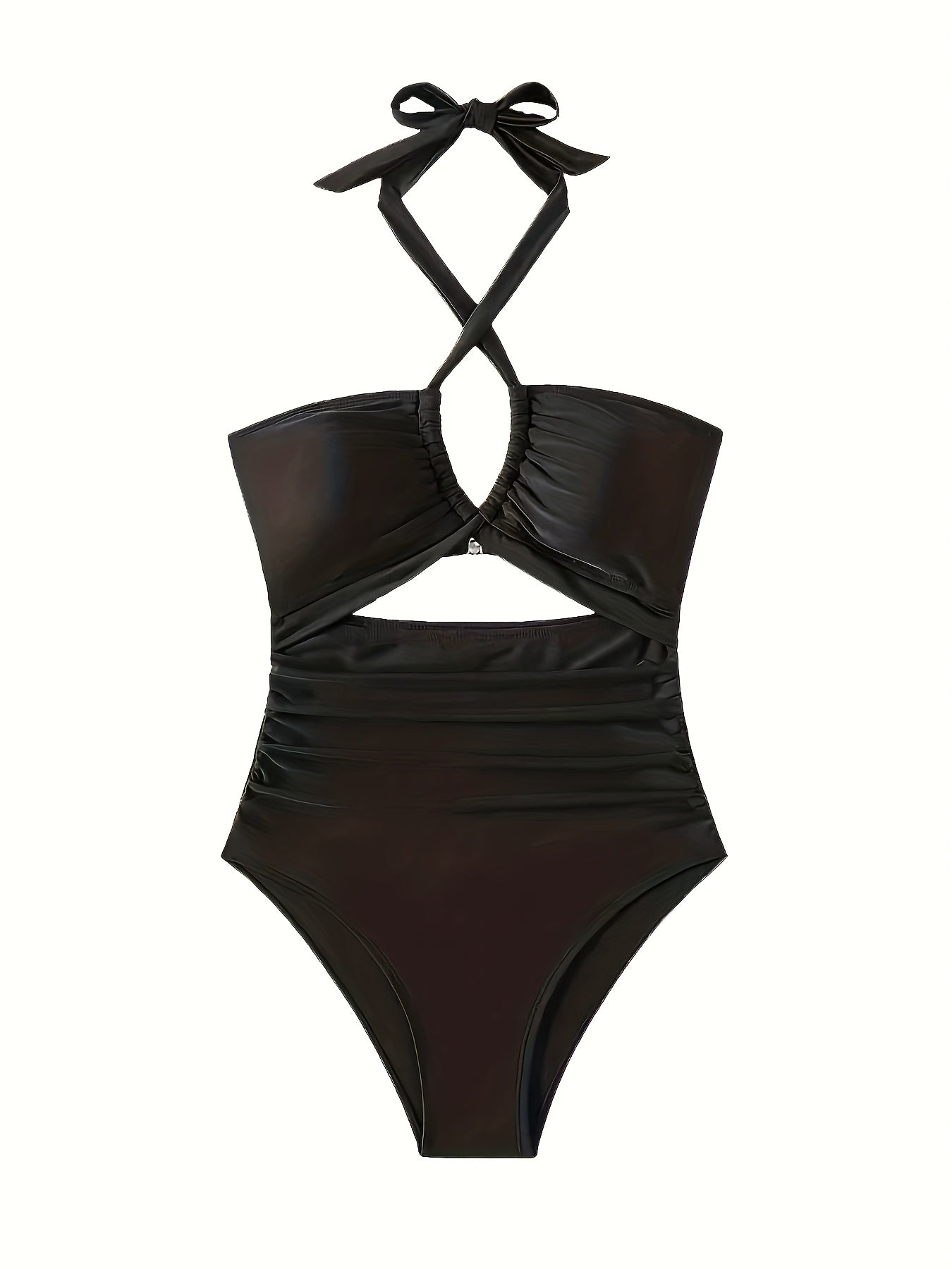 Elegant Black Halter One-Piece Swimsuit for Women - Sexy Backless Design with Removable Pads, High Waist, Tummy Control, Nylon/Elastane Blend