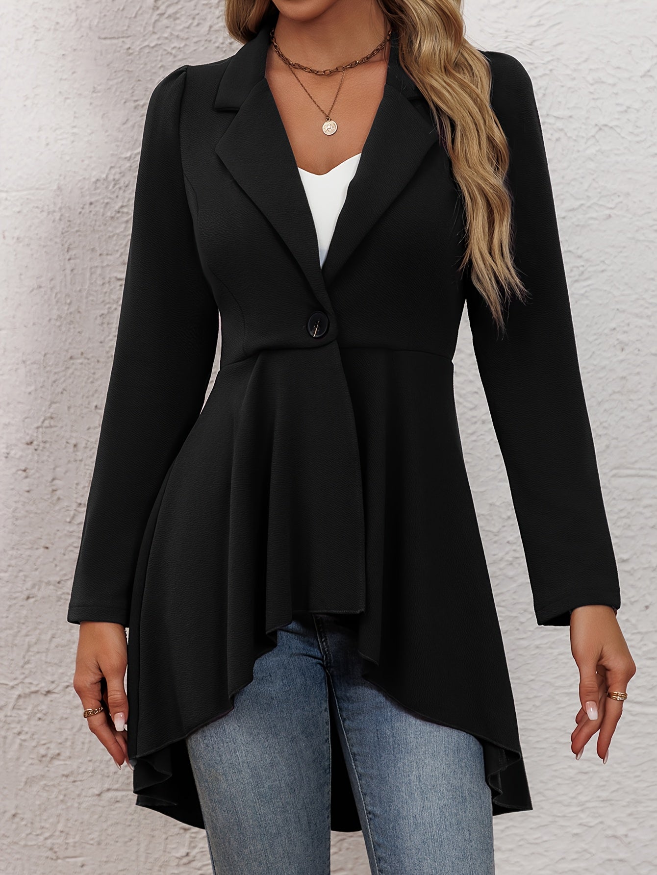 High Low Hem Lapel Collar Blazer, Stylish Solid Color Long Sleeve Single Button Blazer