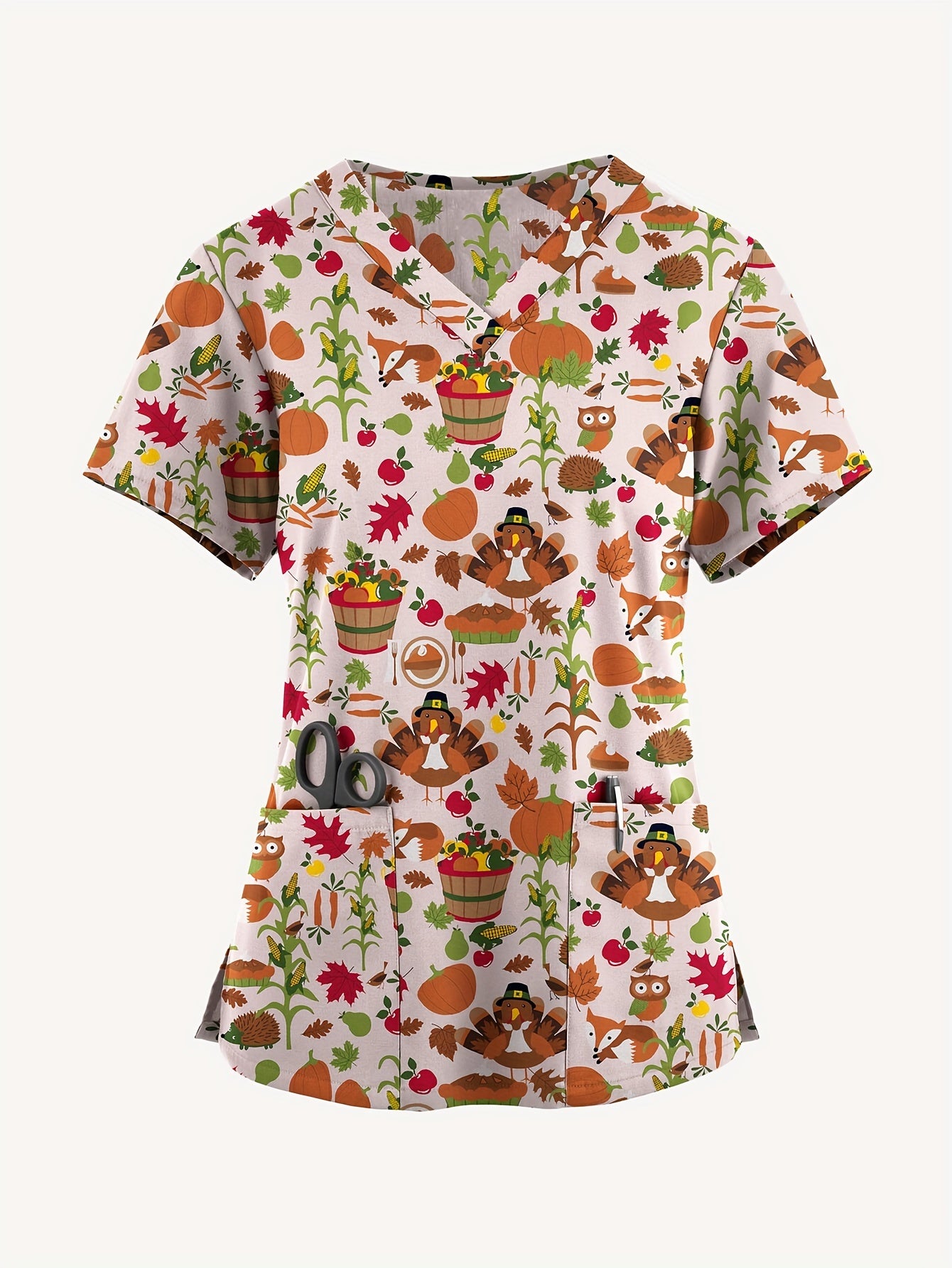 Blusa médica con estampado festivo de dibujos animados para enfermeras: cuello en V, bolsillo, mezcla de poliéster, perfecta para Acción de Gracias o para las temporadas de otoño