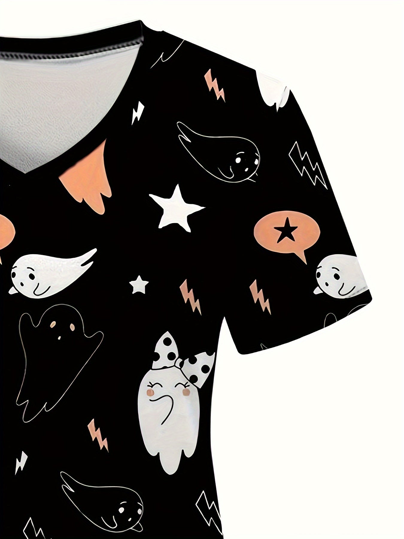 Women's Vintage Ghost Print Scrub Top - Comfortable & Stylish Healthcare Uniform with Pockets, Perfect for Hospitals & Dental Clinics
