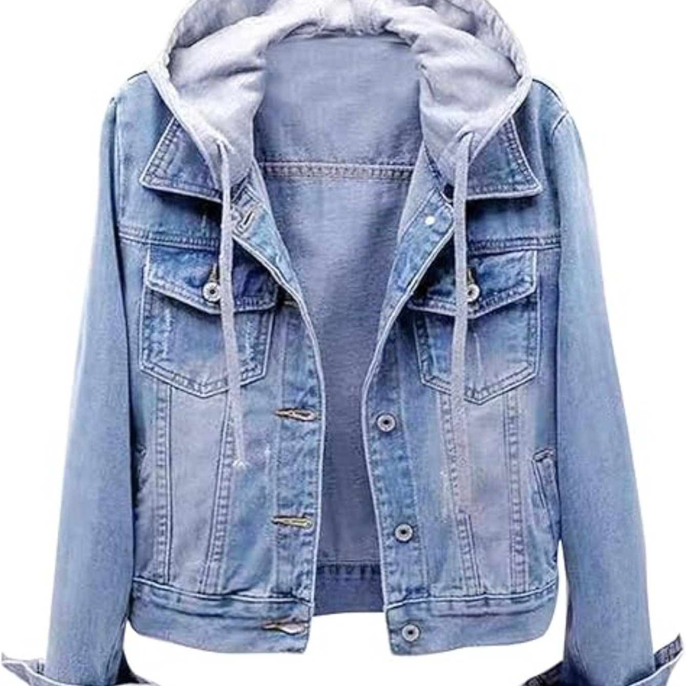 Women's Casual Denim Jacket with Detachable Hood - Button-Down, Fleece Lined for Warmth, Cotton Blend