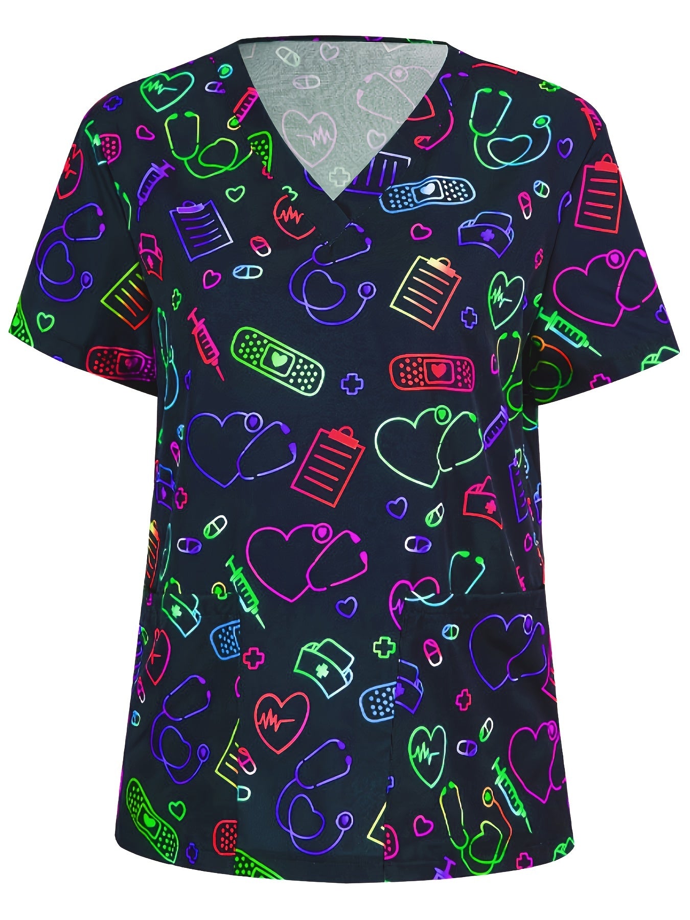 Blusas médicas con cuello en V y estampado de corazones, elegantes uniformes de enfermera con bolsillos de parche y manga corta, ropa para mujer