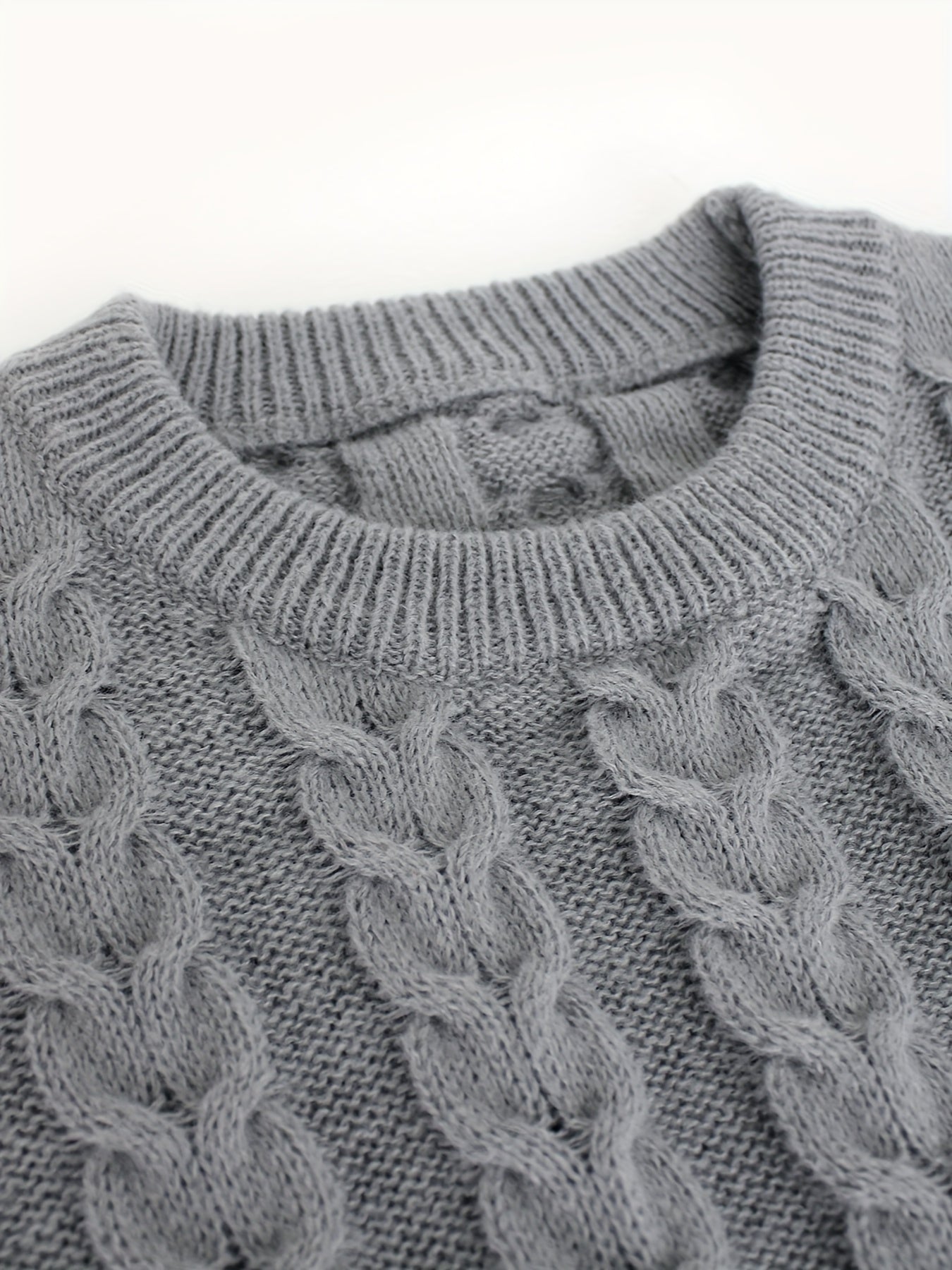 Solid Crew Neck Cable Knit Sweater, Casual Long Sleeve Pullover Sweater, Women's Clothing