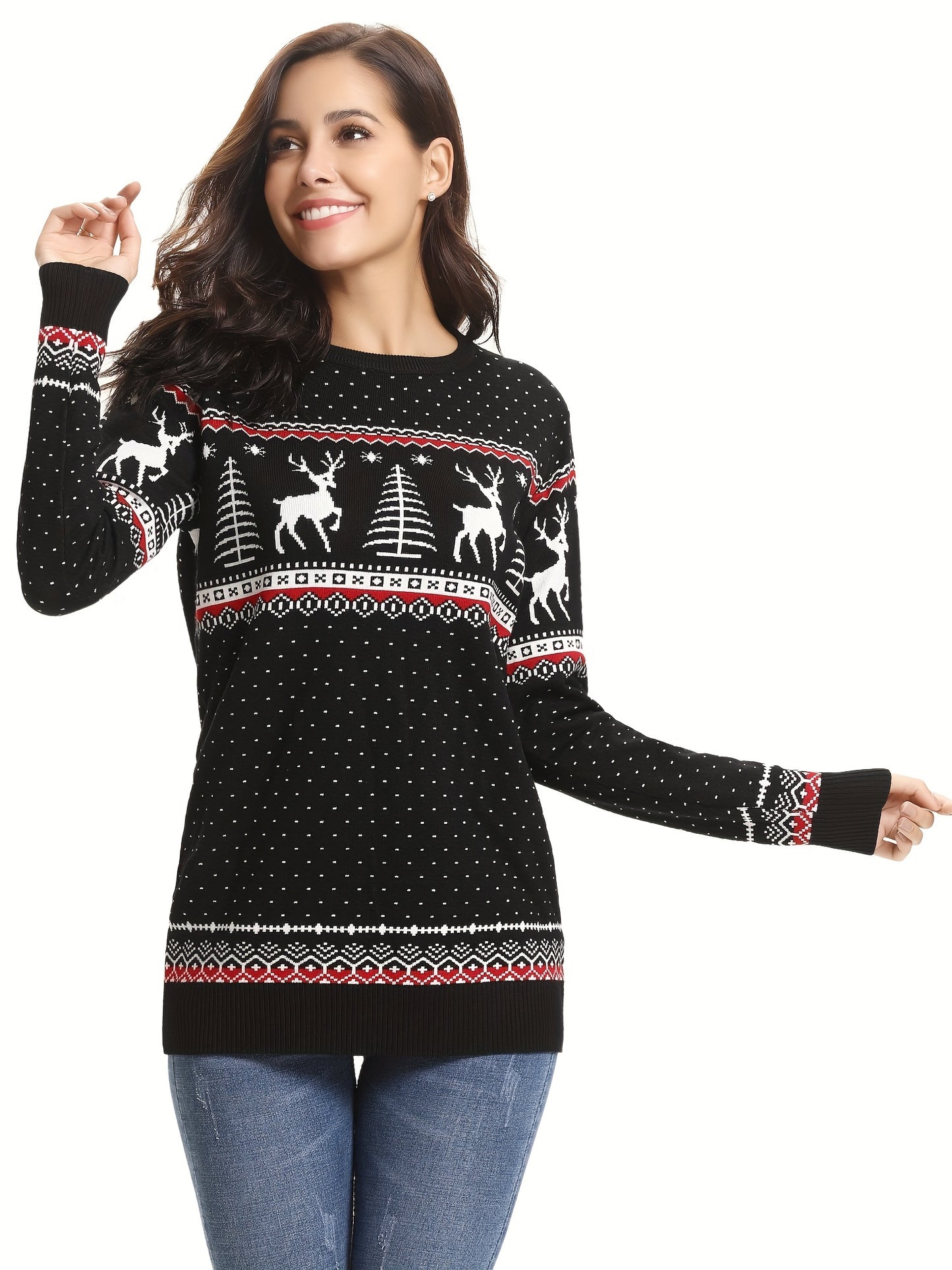 Womens Ugly Christmas Sweater Crew Neck Knitted Pullover Sweaters Tops