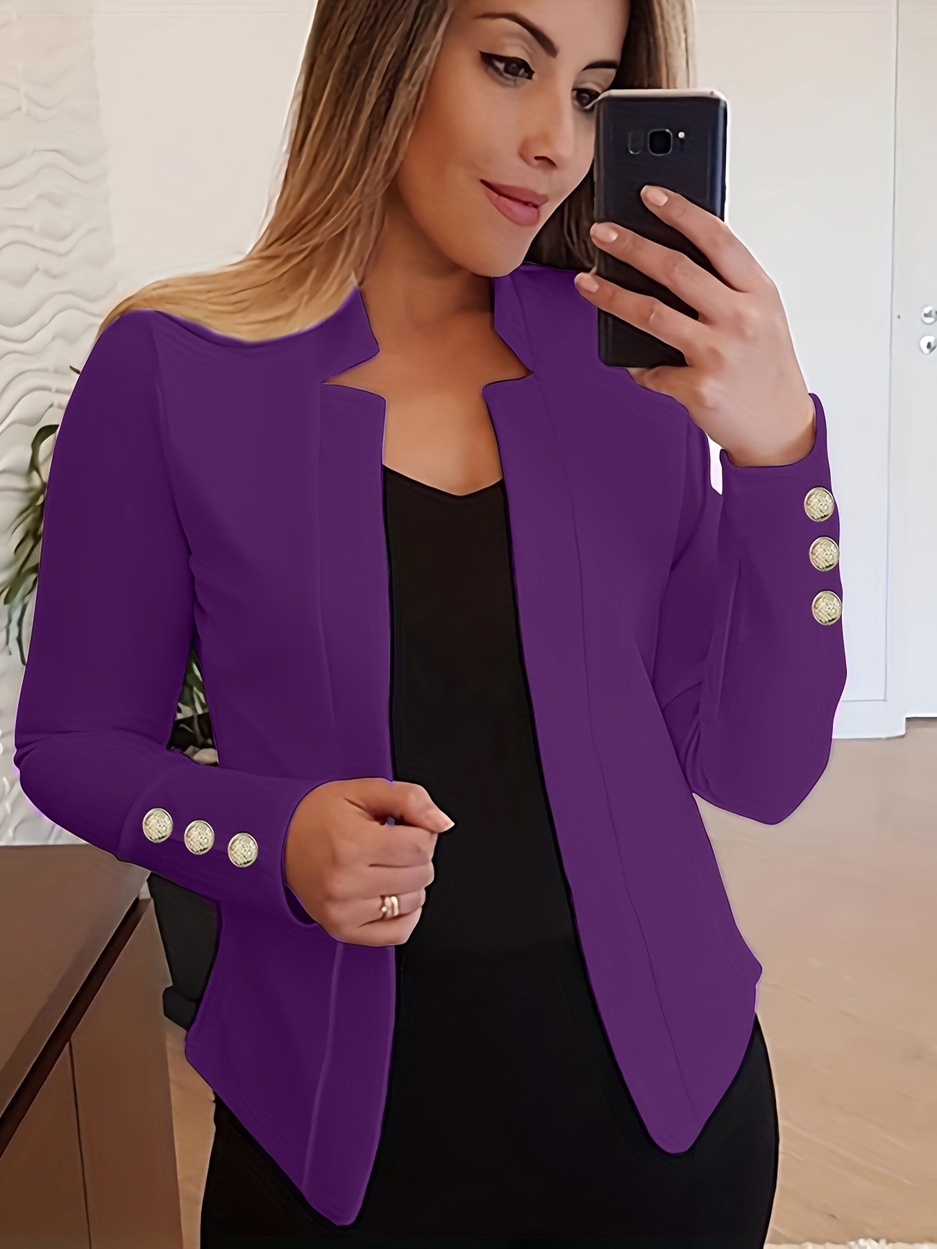 Stylish Solid Open Front Long Sleeve Button Blazer