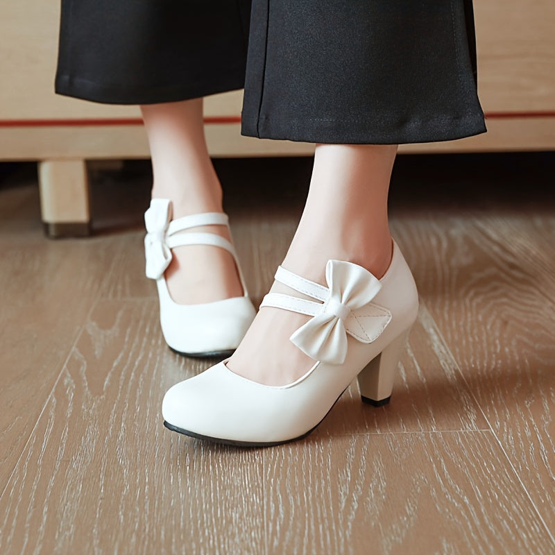 Chic Womens Bow Accent High Heel Pumps - Dashing Solid Colors, Chunky Comfort Heels for All-Occasion Glamour - Perfect Dress Shoes for Uniform Style
