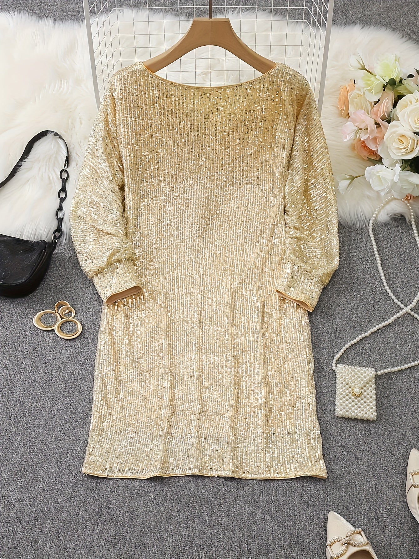 Vibrant Sequin Party Dress - Stylish V Neck, Long Sleeve, Solid Color, Women's Clothing for Glamorous Party Occasions and Special Events