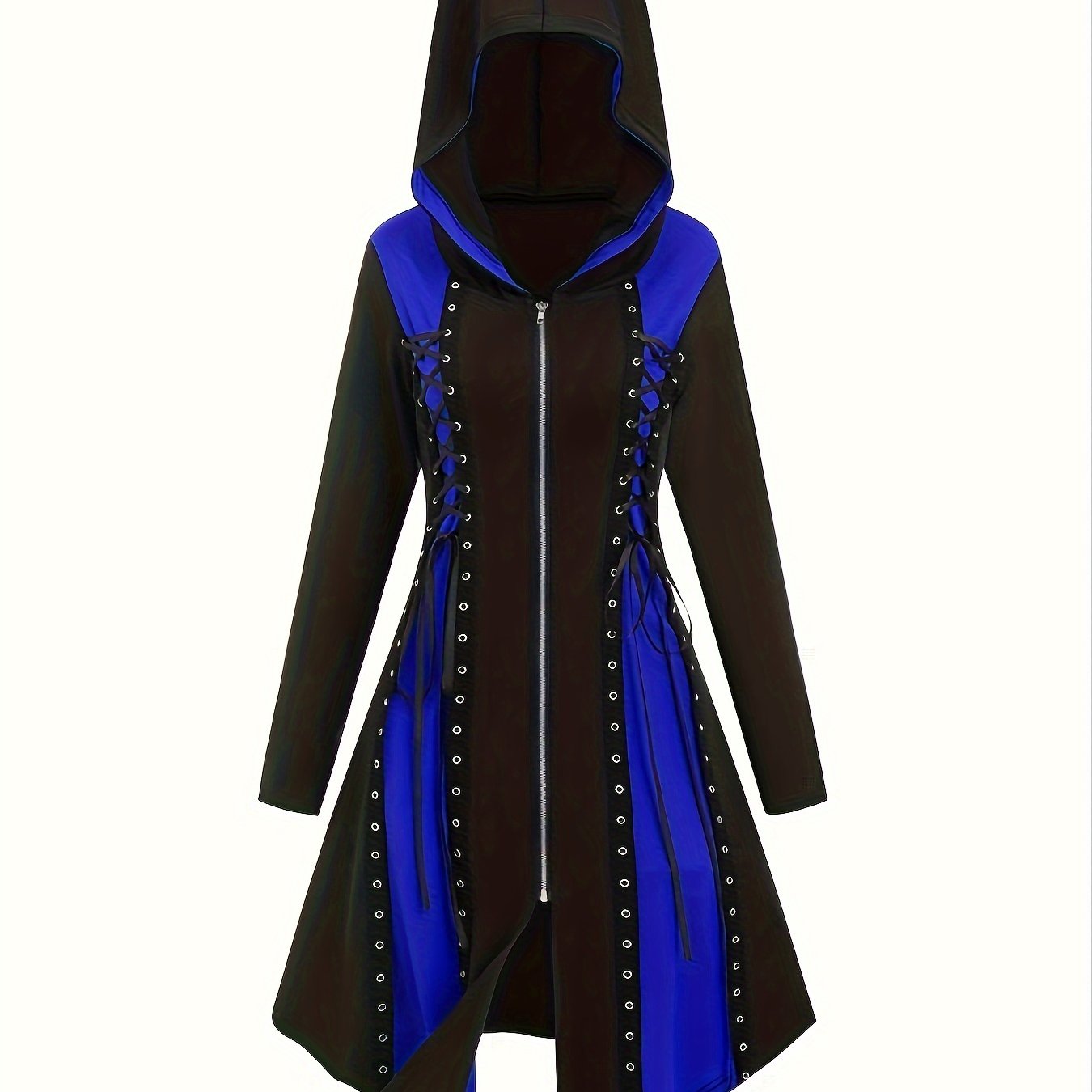 Plus Size Colorblock Zip Front Hooded Dress, Vintage Gothic Eyelet Detail Long Sleeve Dress, Women's Plus Size Clothing