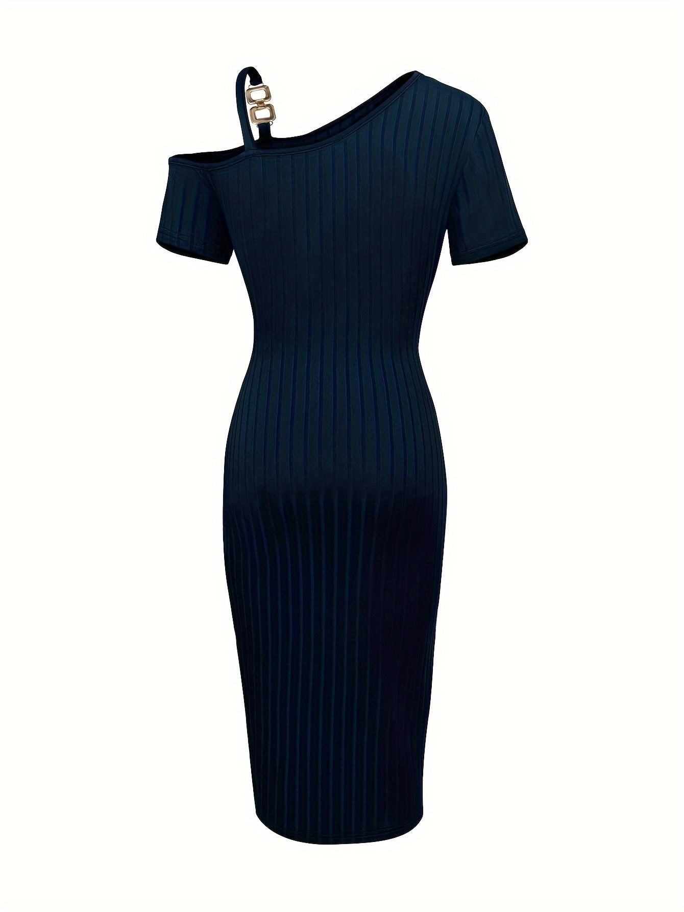 Exquisite Cold Shoulder Split Hem Chain Dress - Unique Asymmetrical Silhouette, Comfortable Short Sleeves, Trendy Split Hem Detail, Delicate Chain Embellishments -
