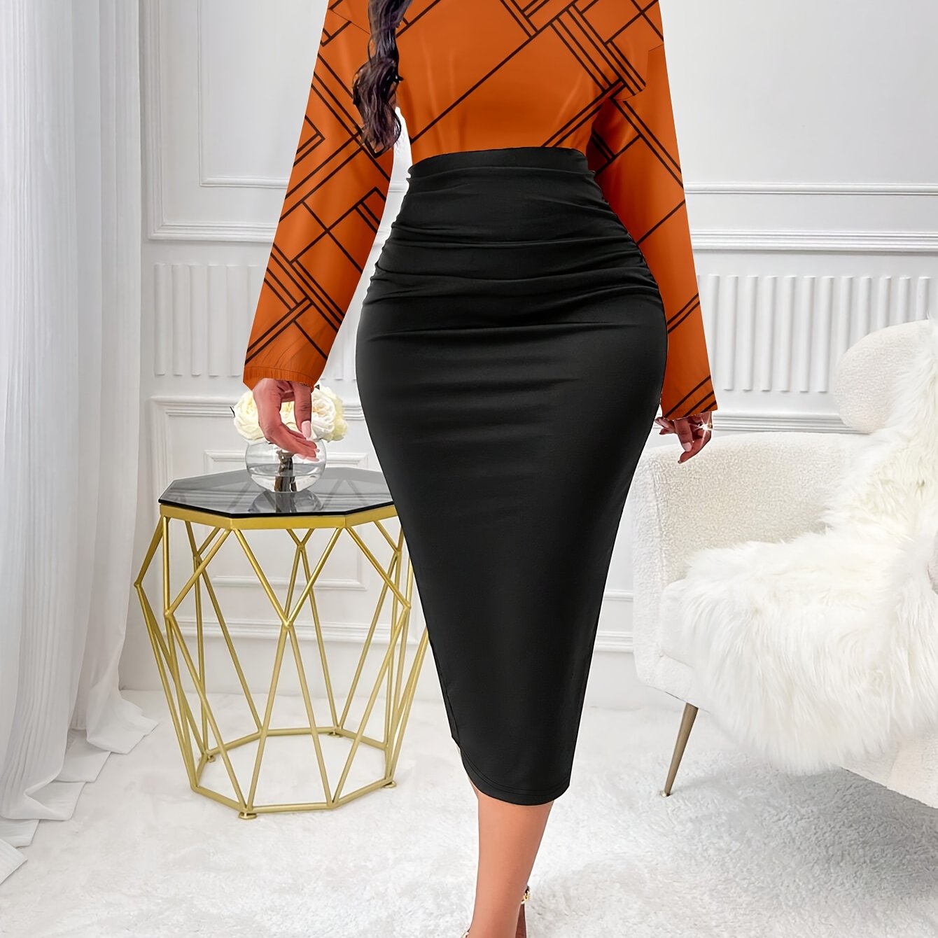 Vestido ajustado con dobladillo dividido y estampado geométrico, elegante vestido de cuello alto y manga larga, ropa de mujer
