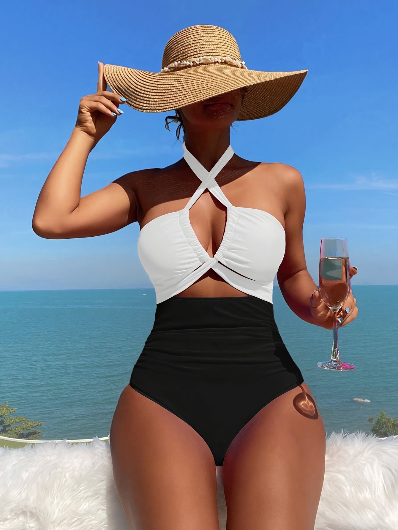 Elegant High-Waisted One-Piece Hollow-Out Bikini Set for Women, Removable Pads, Halter Neck Top, Contrast Color, Knitted Fabric, Stretchy Beach Swimwear