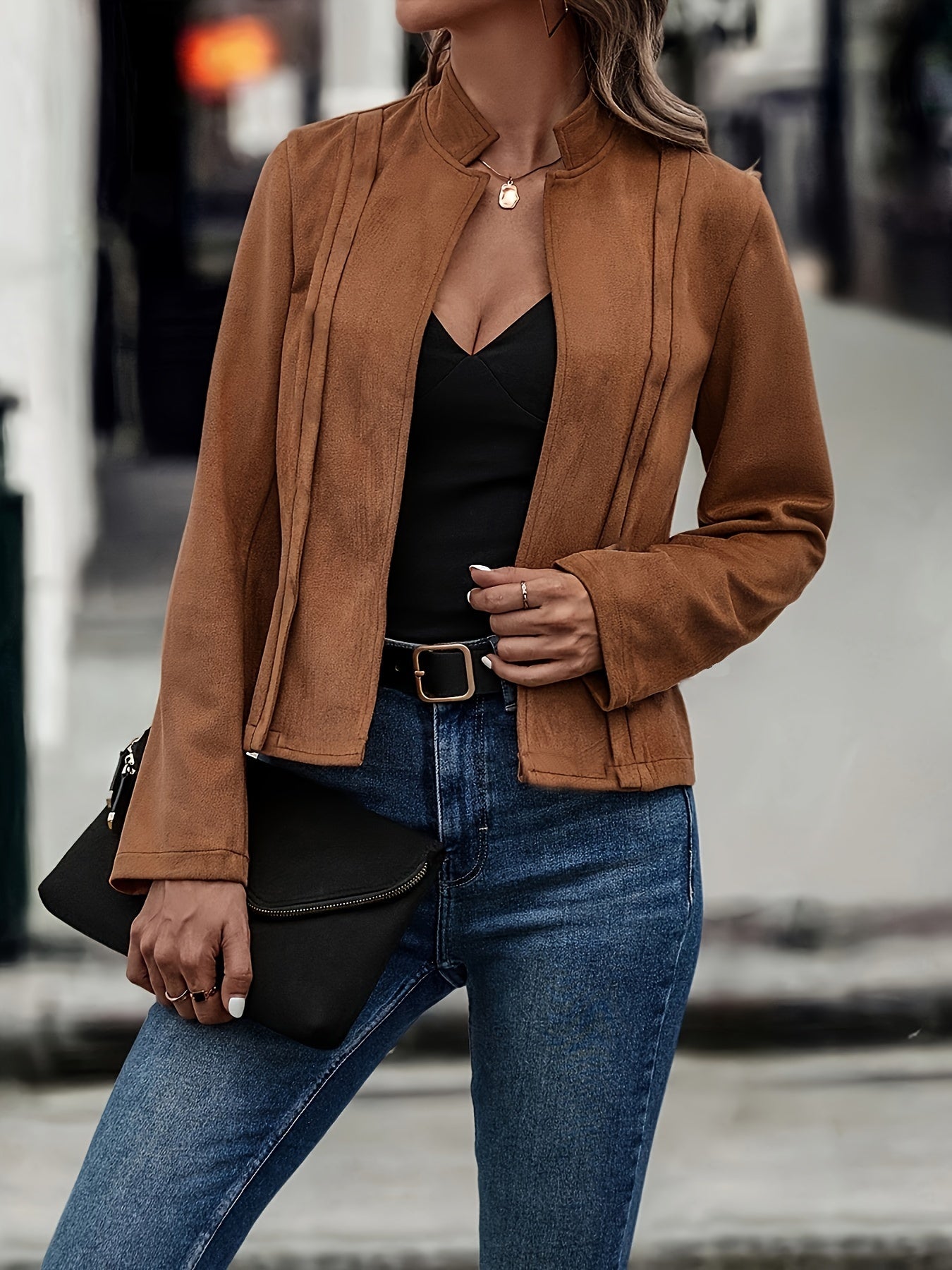 Chaqueta elegante de cuello alto y manga larga ajustada: diseño frontal abierto en color sólido suave, perfecta para la temporada de primavera y otoño, prenda elegante para mujer para uso diario