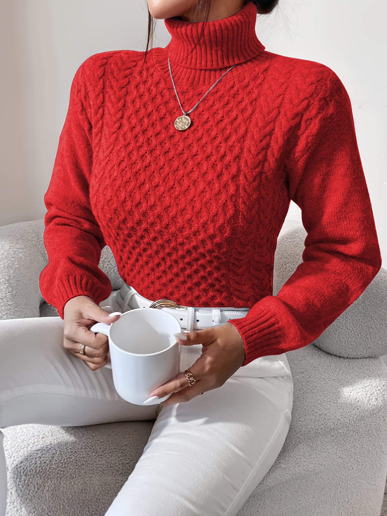 Suéter de manga larga de color sólido, suéter informal de cuello alto para invierno y otoño