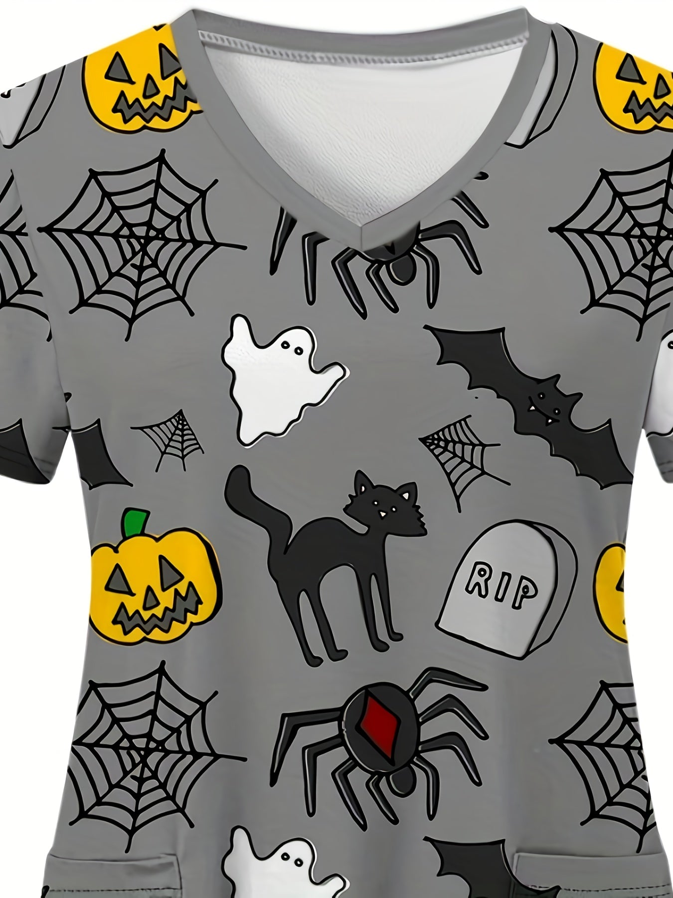 Blusa médica con cuello en V y estampado de Halloween, cómoda y funcional, perfecta para trabajar en hospitales y consultorios dentales, ropa de trabajo para mujer