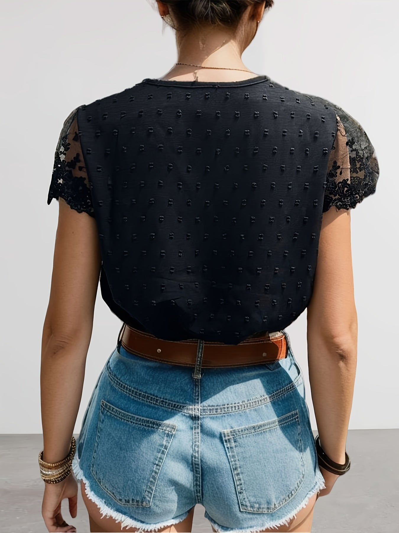 Swiss Dot Contrast Lace Blouse, Vacation V-neck Short Sleeve Button Front Blouse, Women's Clothing