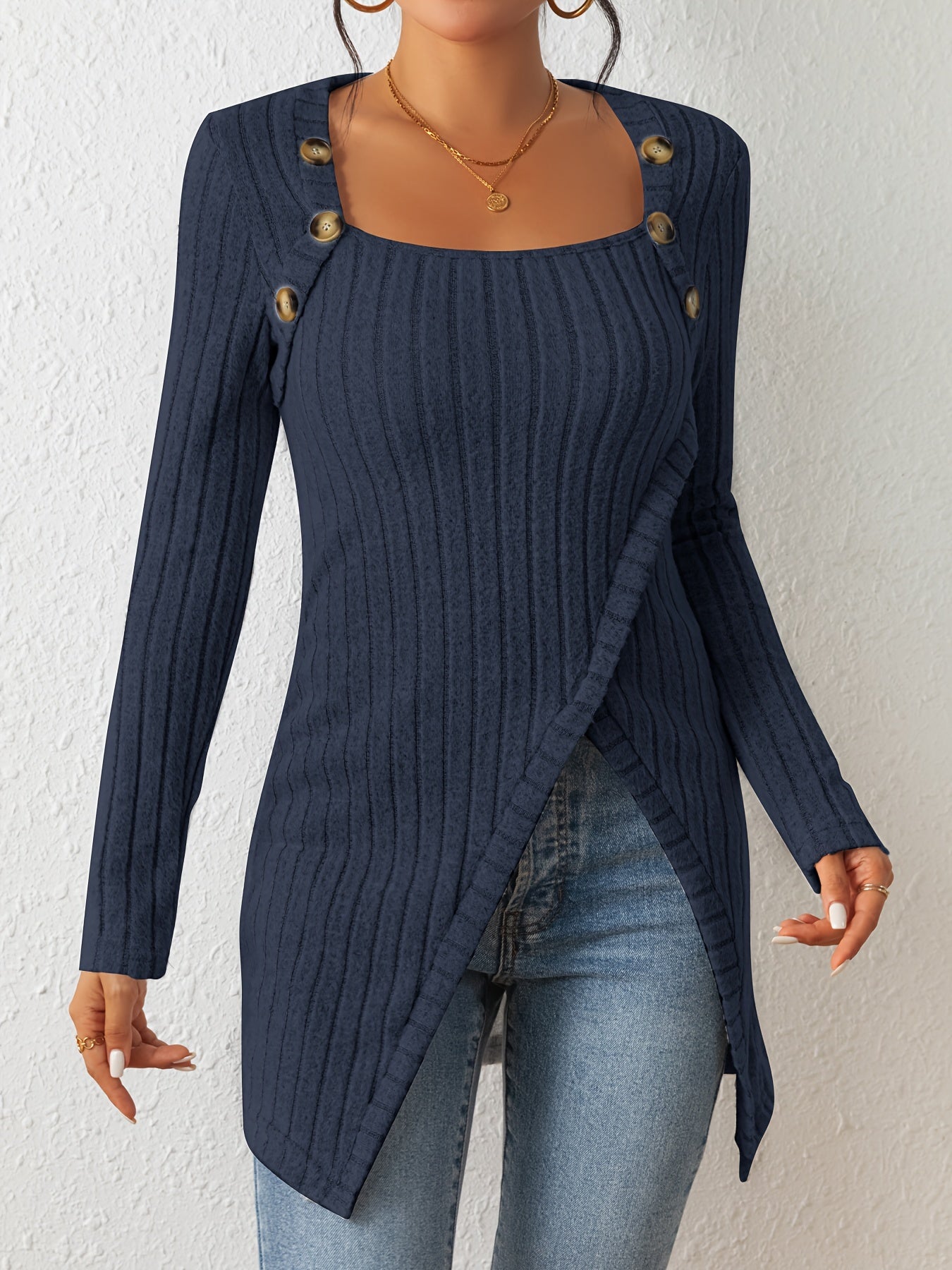 Chic Ribbed Long Sleeve Top with Unique Button Accent - Asymmetrical Hem - Perfect for Womens Spring & Fall Fashion