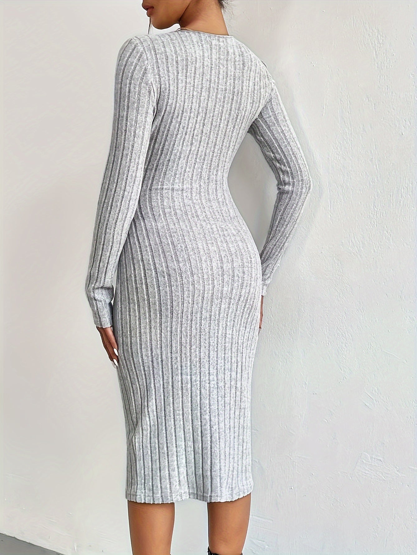 Ribbed Button Decor Dress, Casual Long Sleeve Bodycon Dress, Women's Clothing