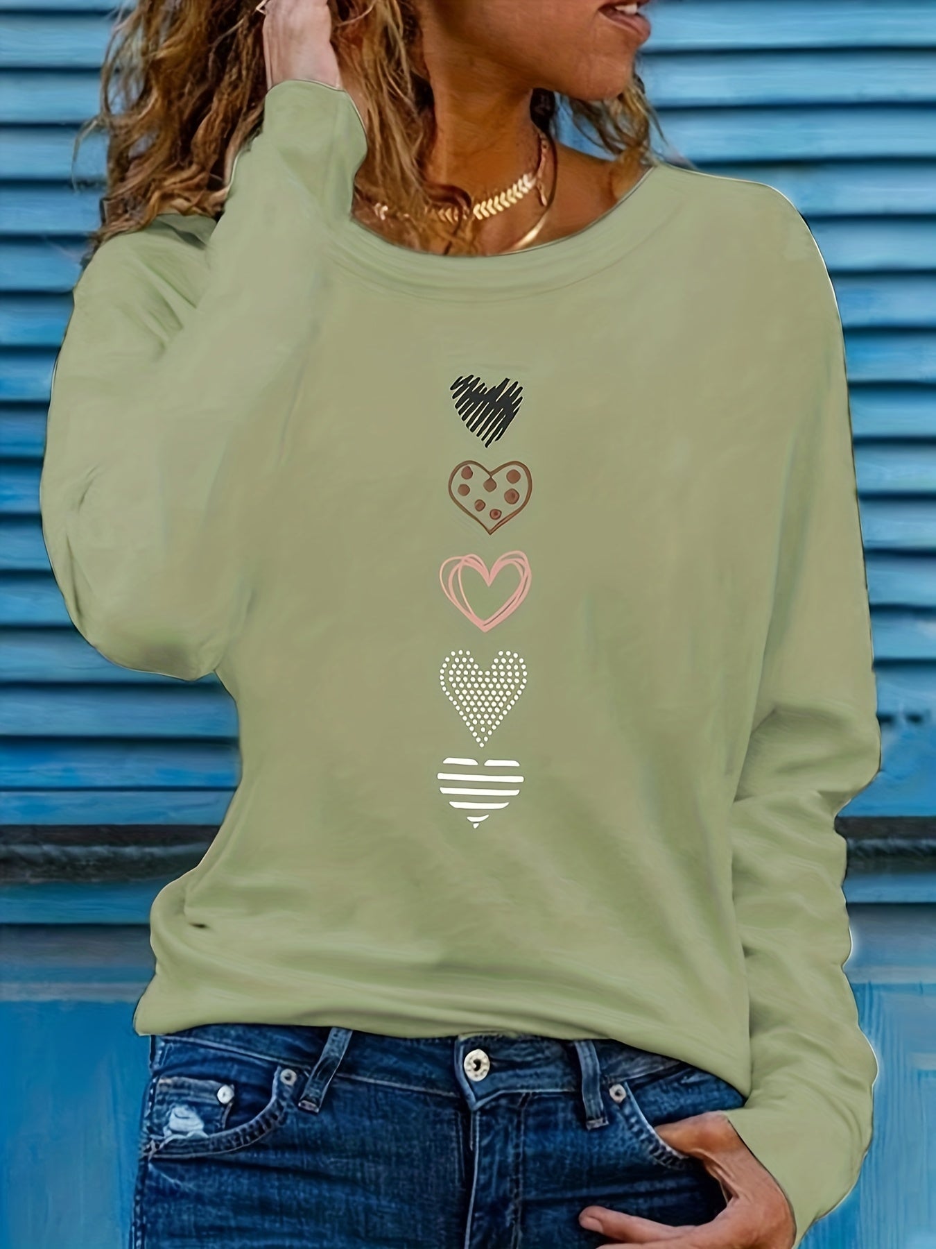 Plus Size Casual T-shirt - Adorable Heart Pattern Print, Comfortable Long Sleeves, Classic Round Neckline, Medium Stretch for a Flattering Fit - Designed Specifically for Women