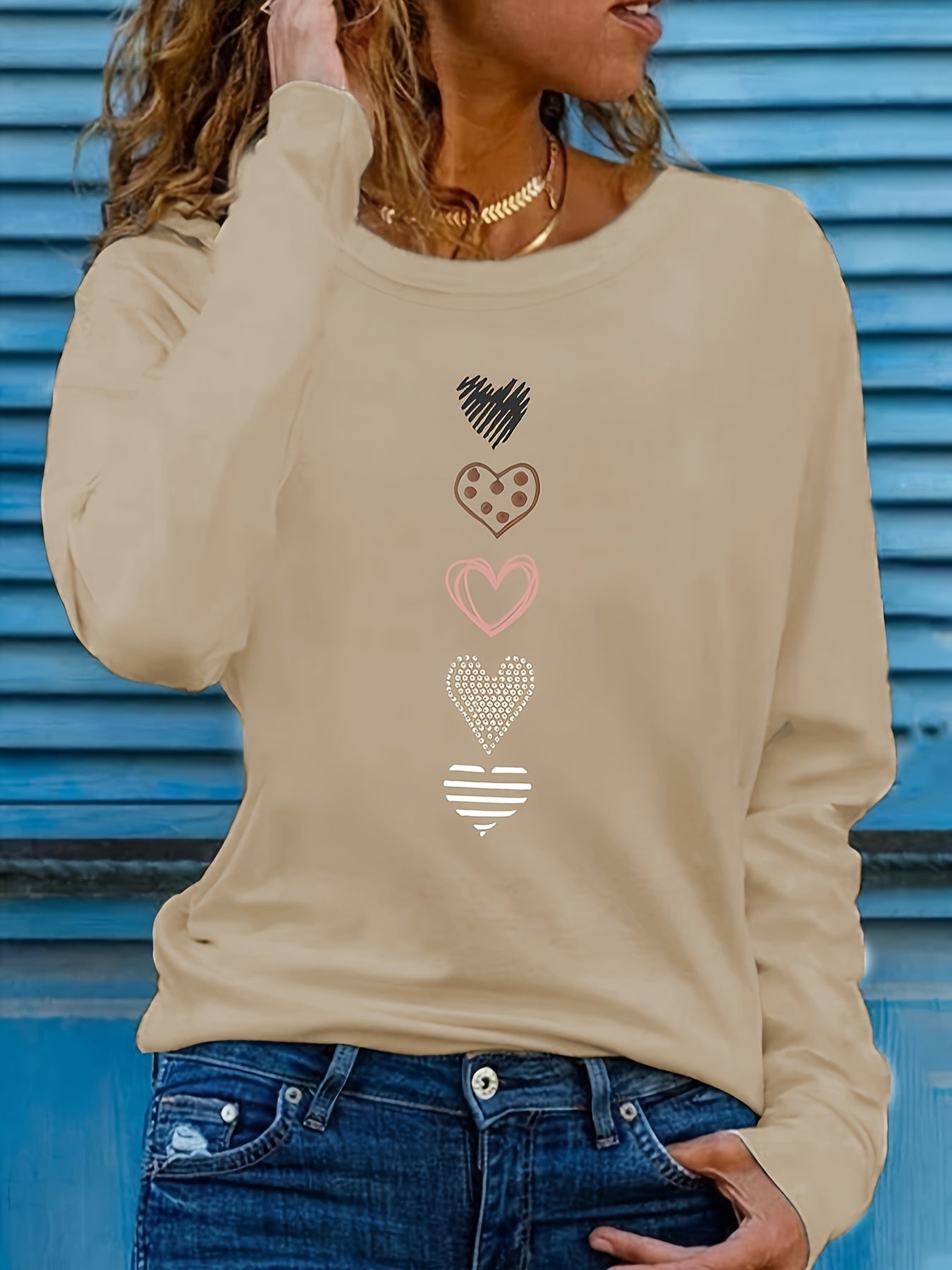 Plus Size Casual T-shirt - Adorable Heart Pattern Print, Comfortable Long Sleeves, Classic Round Neckline, Medium Stretch for a Flattering Fit - Designed Specifically for Women