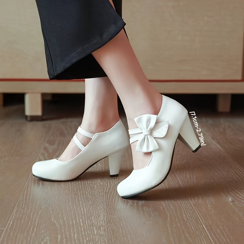 Chic Womens Bow Accent High Heel Pumps - Dashing Solid Colors, Chunky Comfort Heels for All-Occasion Glamour - Perfect Dress Shoes for Uniform Style