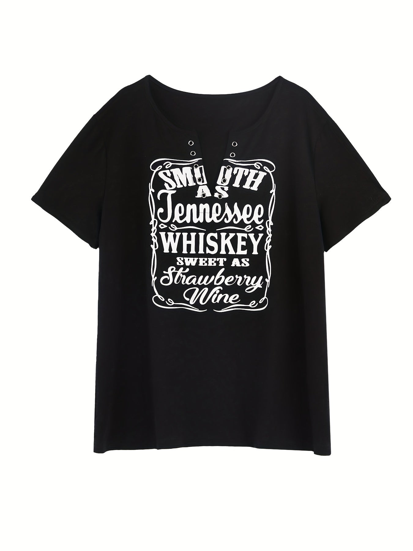 Plus Size Women's Relaxed Fit V Neck Casual T-Shirt - Soft Slight Stretch Fabric, Short Sleeve, Grommet Detail, Slogan Print, Comfortable and Breathable - Perfect for Everyday Wear