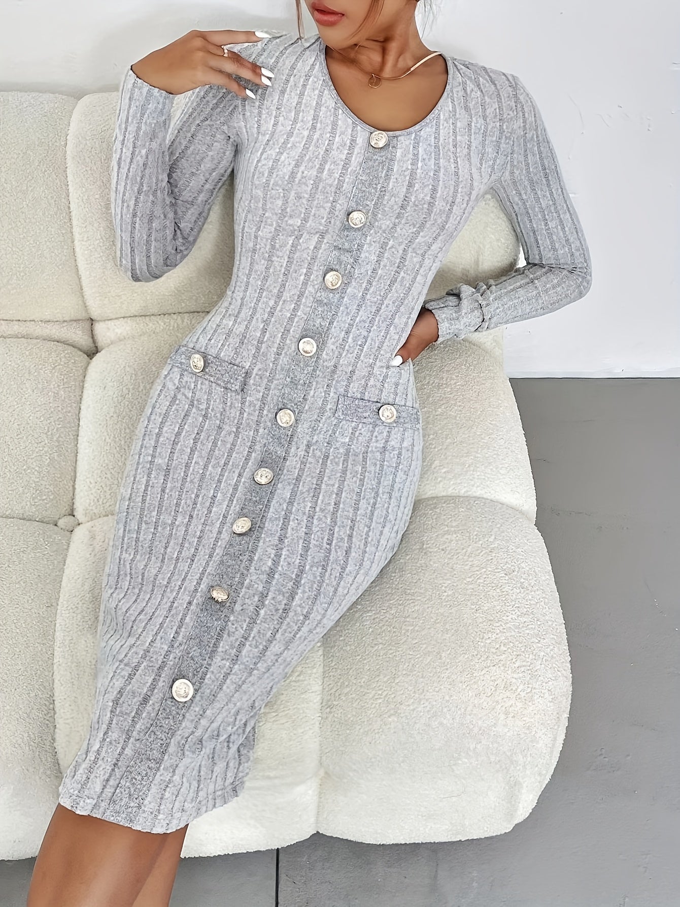 Ribbed Button Decor Dress, Casual Long Sleeve Bodycon Dress, Women's Clothing
