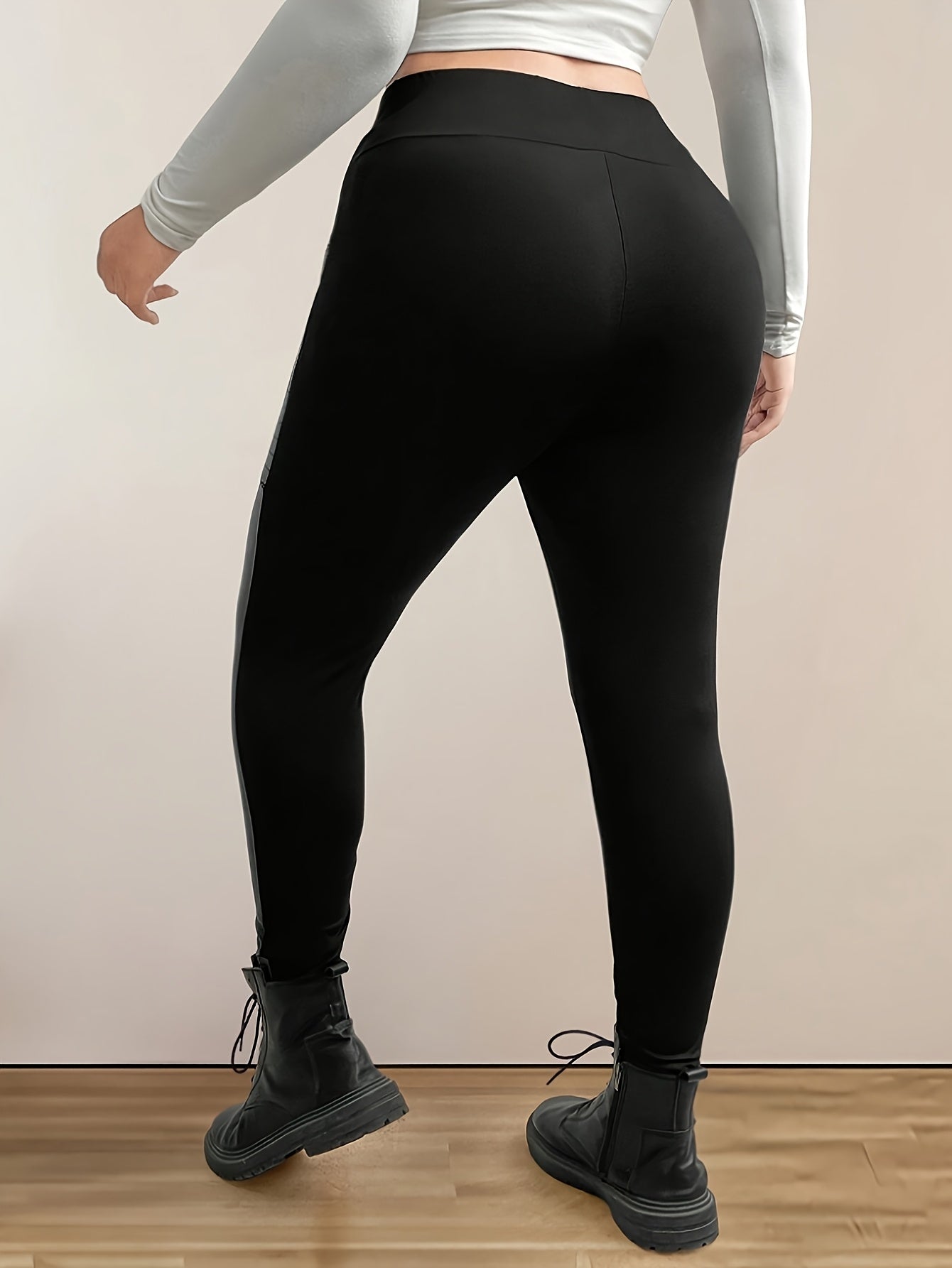 Pantalones pitillo elegantes de cintura alta con detalle de cremallera de piel sintética: pantalones largos elásticos con diseño de patchwork