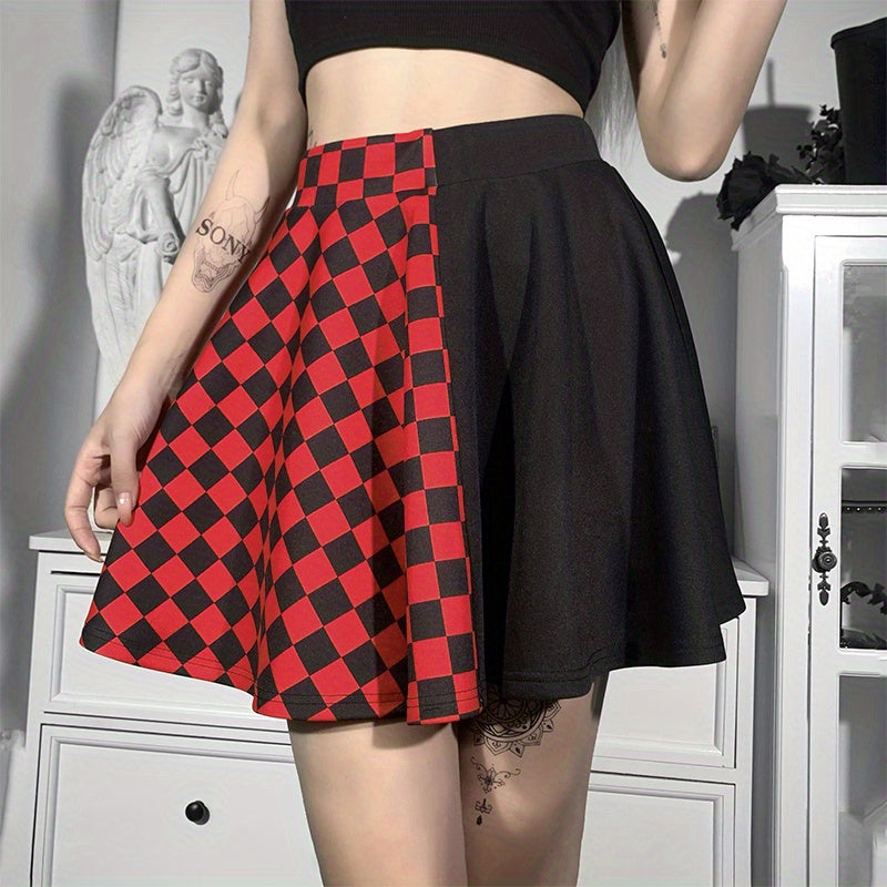 Chessboard Print Splicing Skirt, Gothic Ruched Punk Mini Skirt Without Belt, Women's Clothing