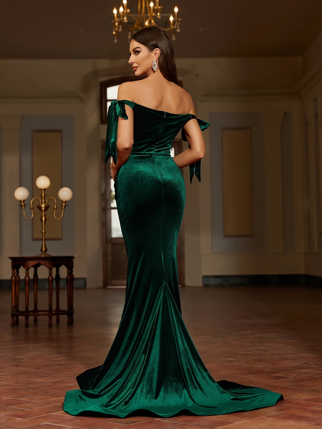 Stunning Off-Shoulder Bow Sleeve Mermaid Dress - Elegant Bodycon Floor Length Evening Gowns for Women - Solid Color, Party & Banquet Perfect, Floor-Sweeping Hem, Flattering Silhouette, Comfortable Wear