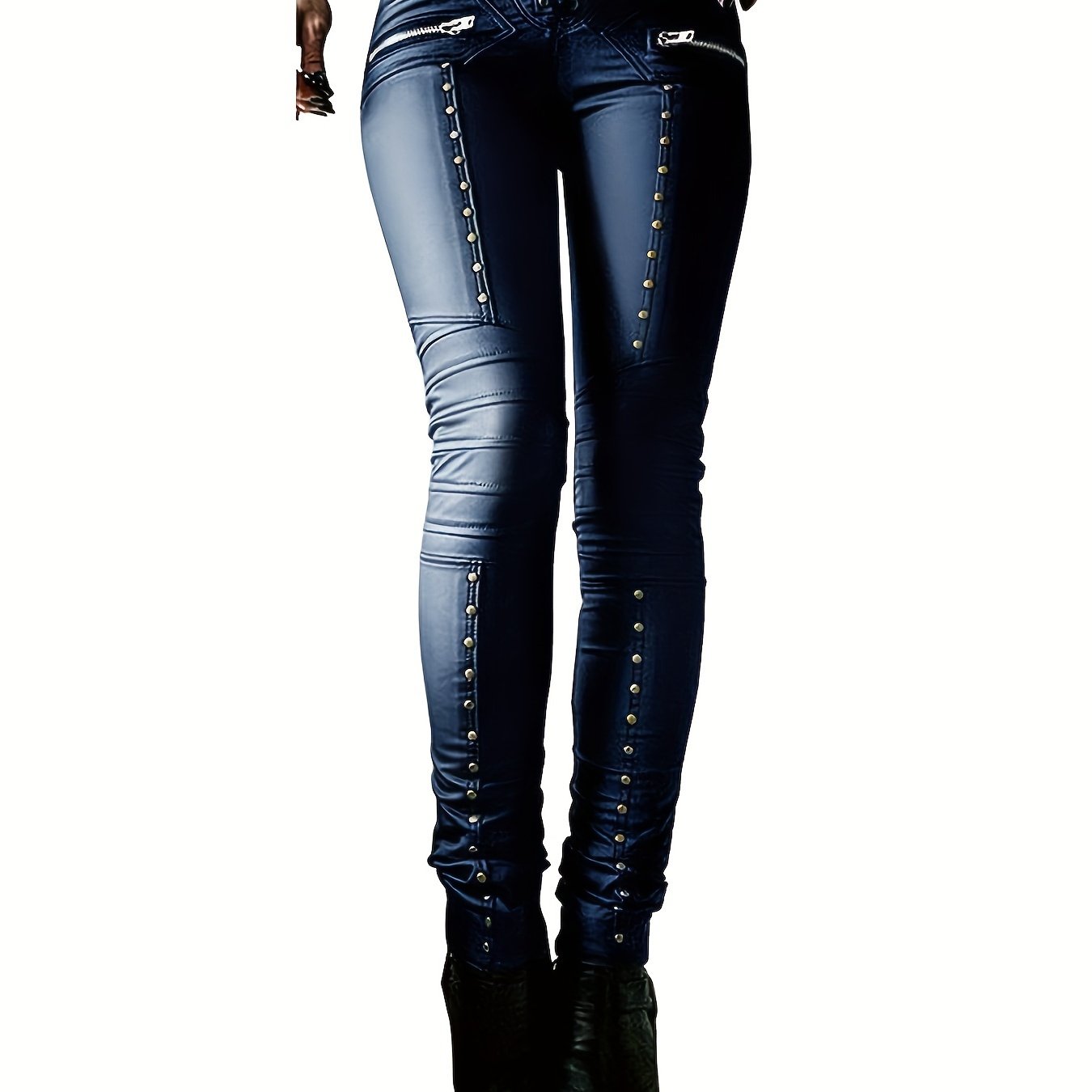 Leggings de cuero sintético para mujer, pantalones góticos punk ajustados de cuero PU, pantalones ajustados con tachuelas y tiro medio