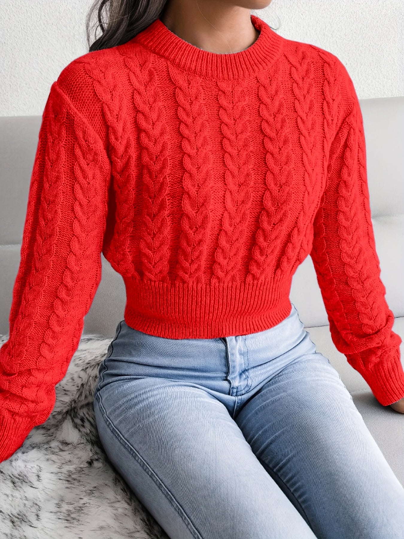 Solid Crew Neck Cable Knit Sweater, Casual Long Sleeve Pullover Sweater, Women's Clothing